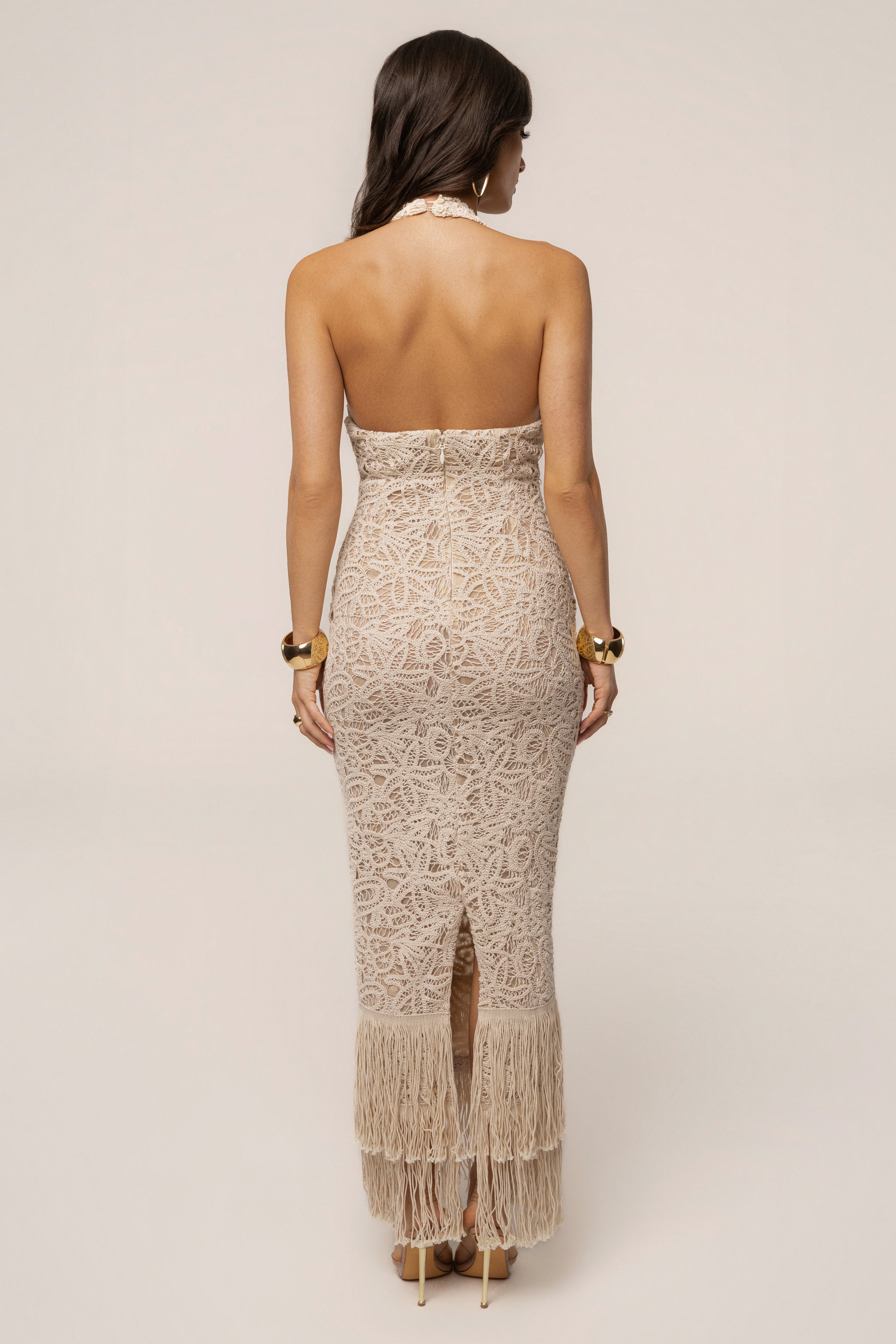 Cream Portofino Lace Maxi Dress by JLUXLABEL, elegant floral lace design, flowing silhouette, perfect for special occasions.
