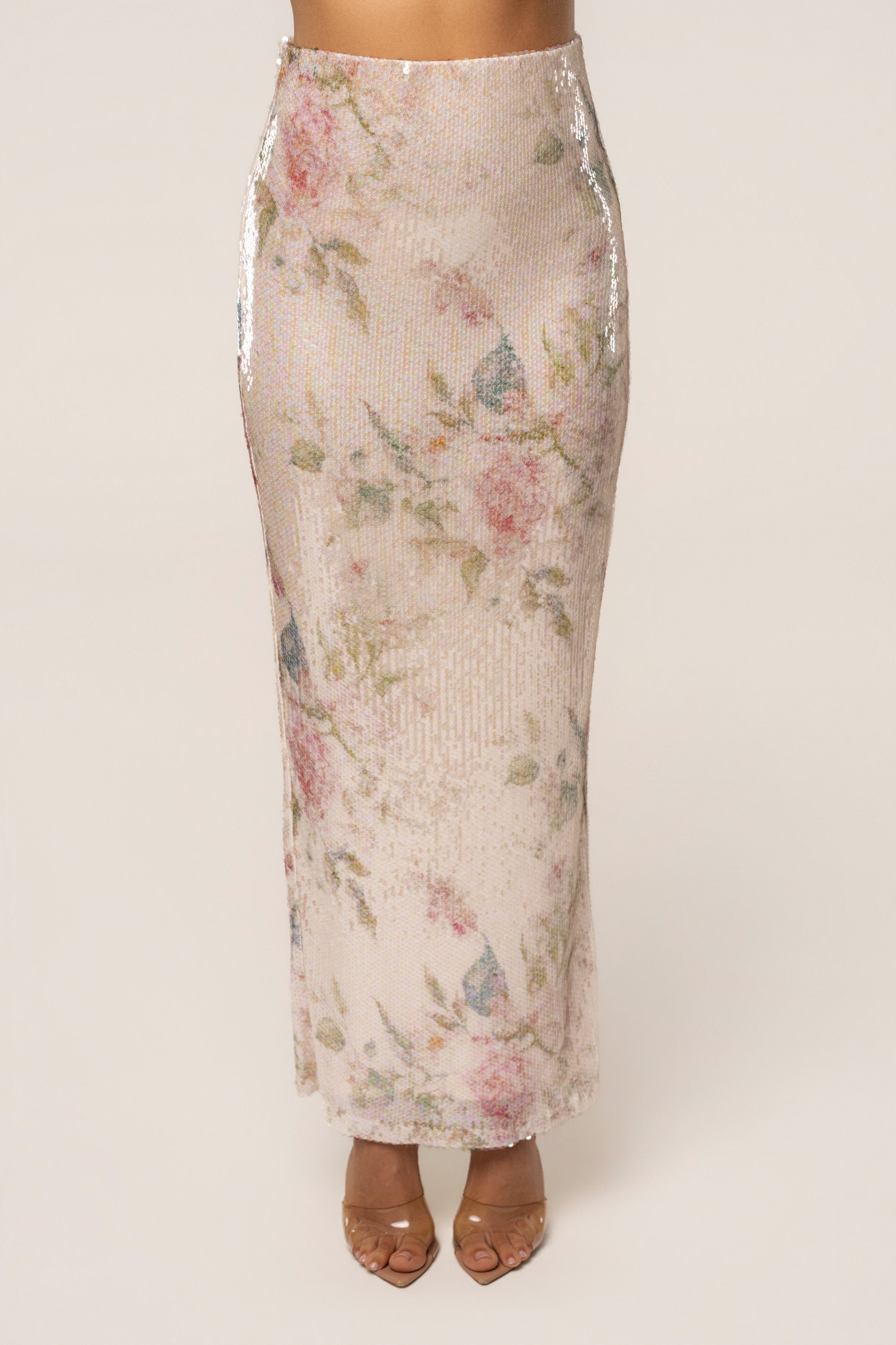 Ivory floral Villa Nights sequin skirt by JLUXLABEL, stylish bottoms with floral pattern and shimmering sequins, perfect for dressy occasions.