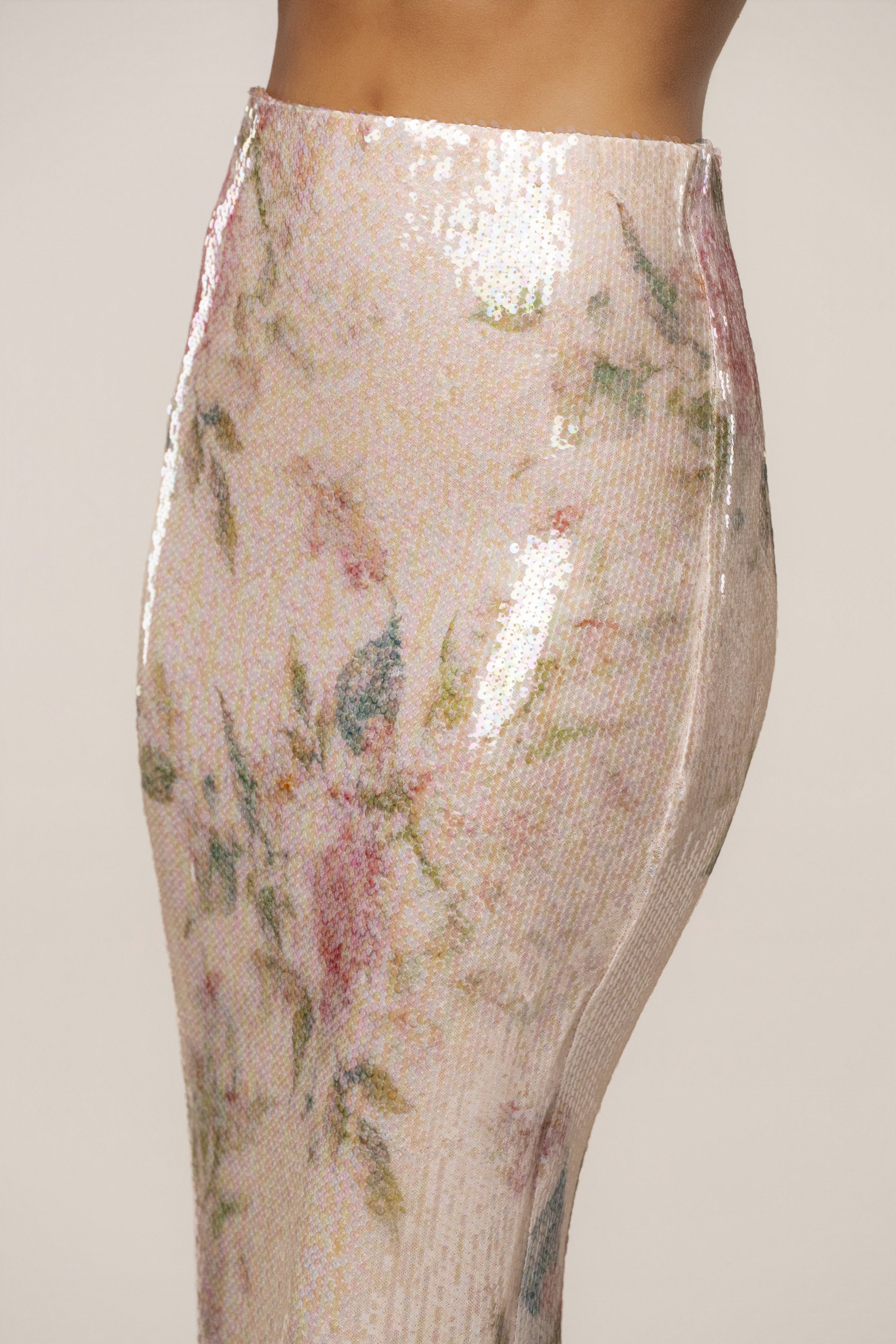 Ivory floral sequin skirt from JLUXLABEL, stylish bottoms with intricate floral embroidery and shimmering sequin details.