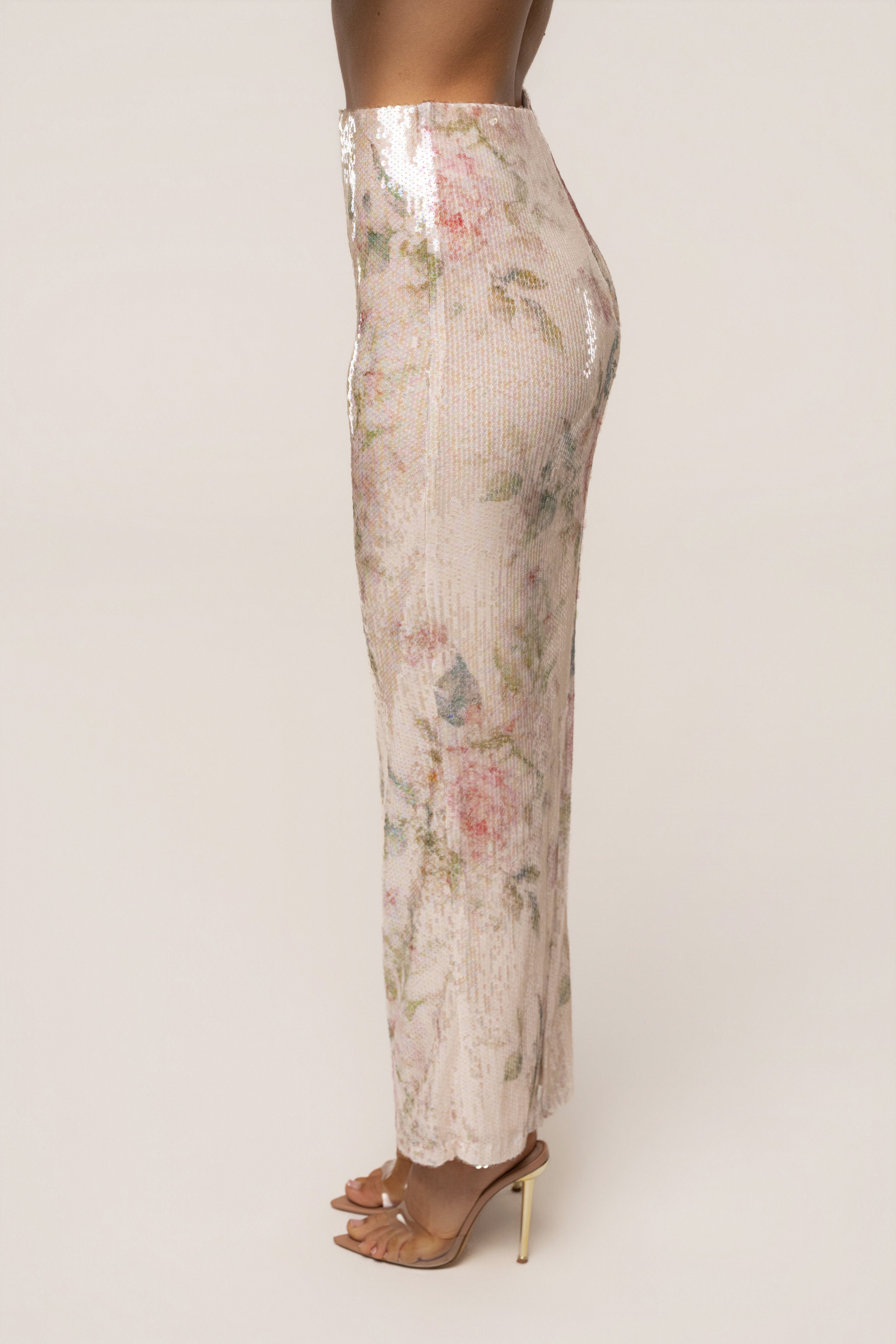 Ivory floral Villa Nights sequin skirt from JLUXLABEL, featuring intricate floral embroidery and shimmering sequin details.