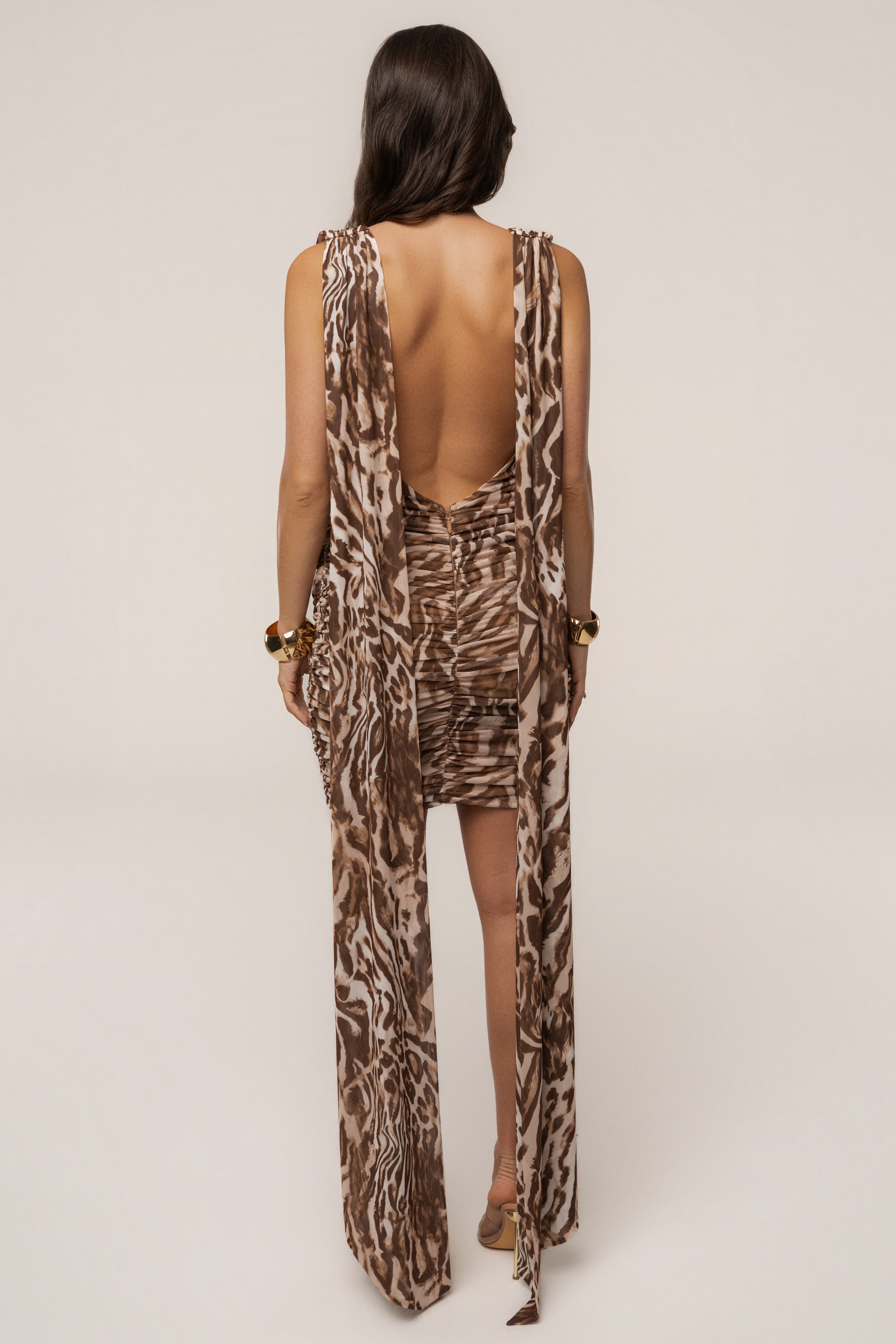Leopard print JLUXLABEL late hour plunge mini dress with deep V neckline and fitted silhouette for a bold, stylish look.