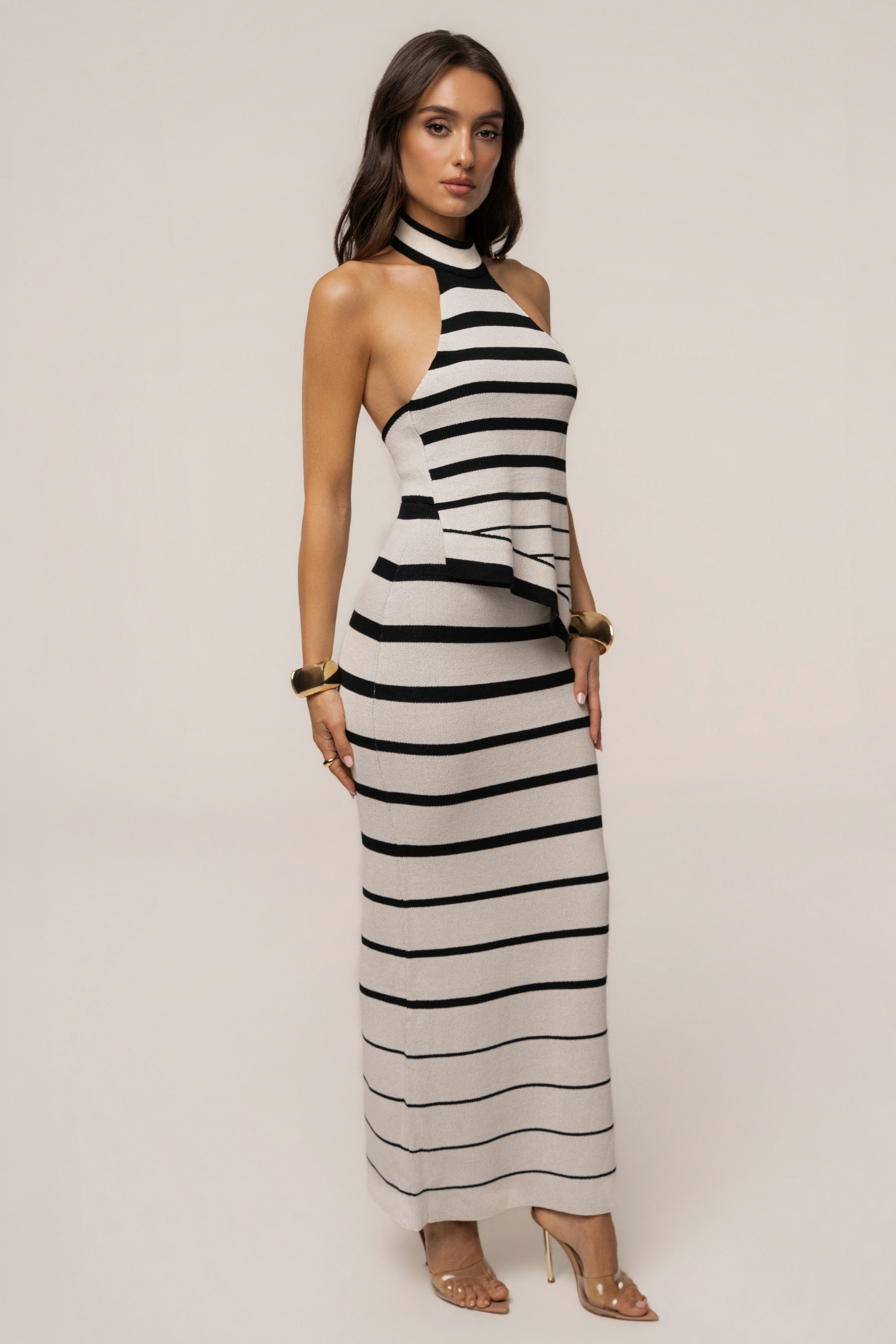 White and black Marina Nights striped skirt set by JLUXLABEL, featuring a stylish coordinated top and skirt ensemble.