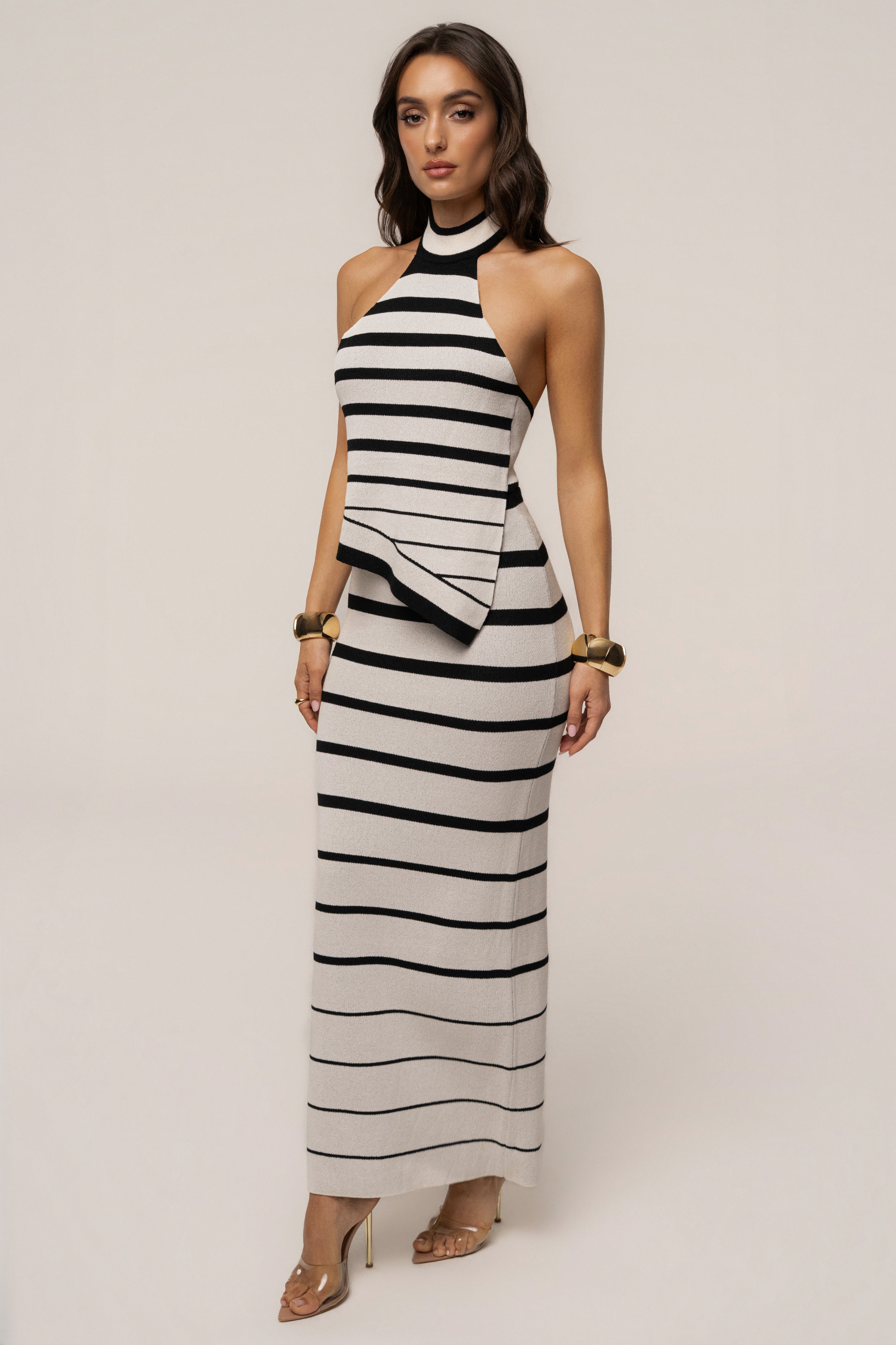 White and black striped Marina Nights skirt set by JLUXLABEL featuring a stylish, coordinated two-piece outfit.