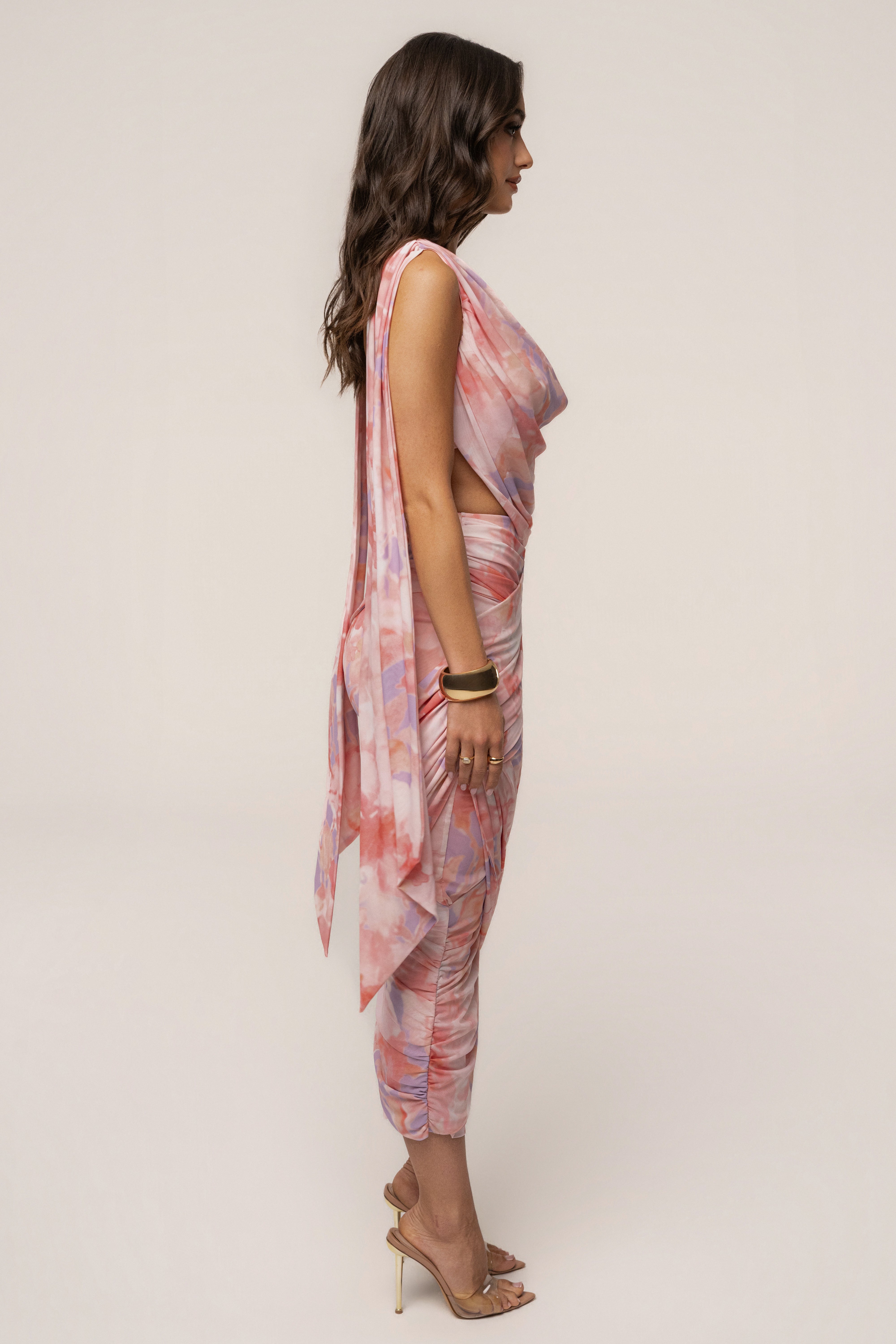 Pink Bloom Divine Drape Mesh Skirt Set by JLUXLABEL featuring a flowy pink mesh skirt and matching top, perfect for stylish occasions.
