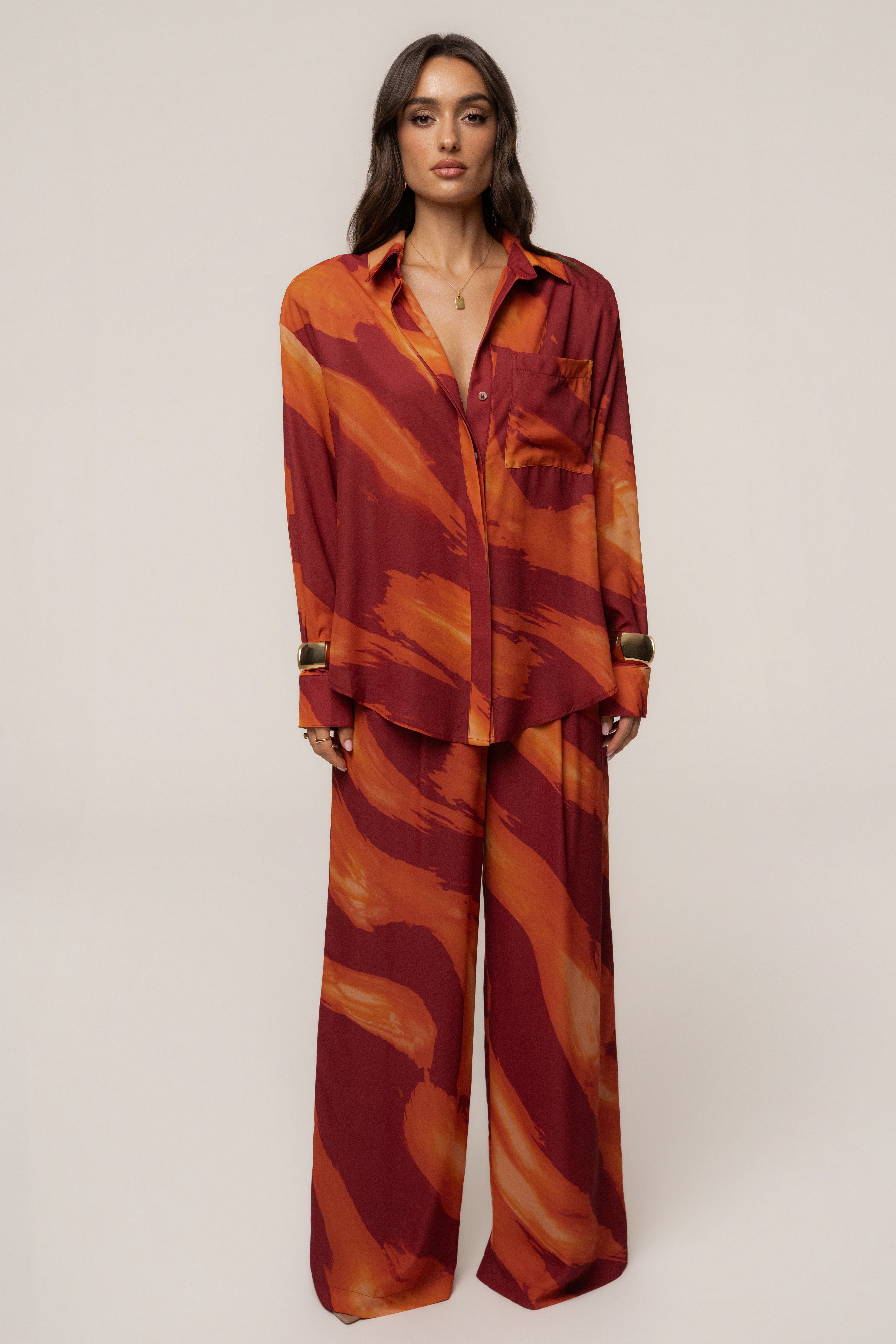 Crimson Dusk Fierce Form button-down shirt by JLUXLABEL, featuring a stylish red tops design with a tailored fit.