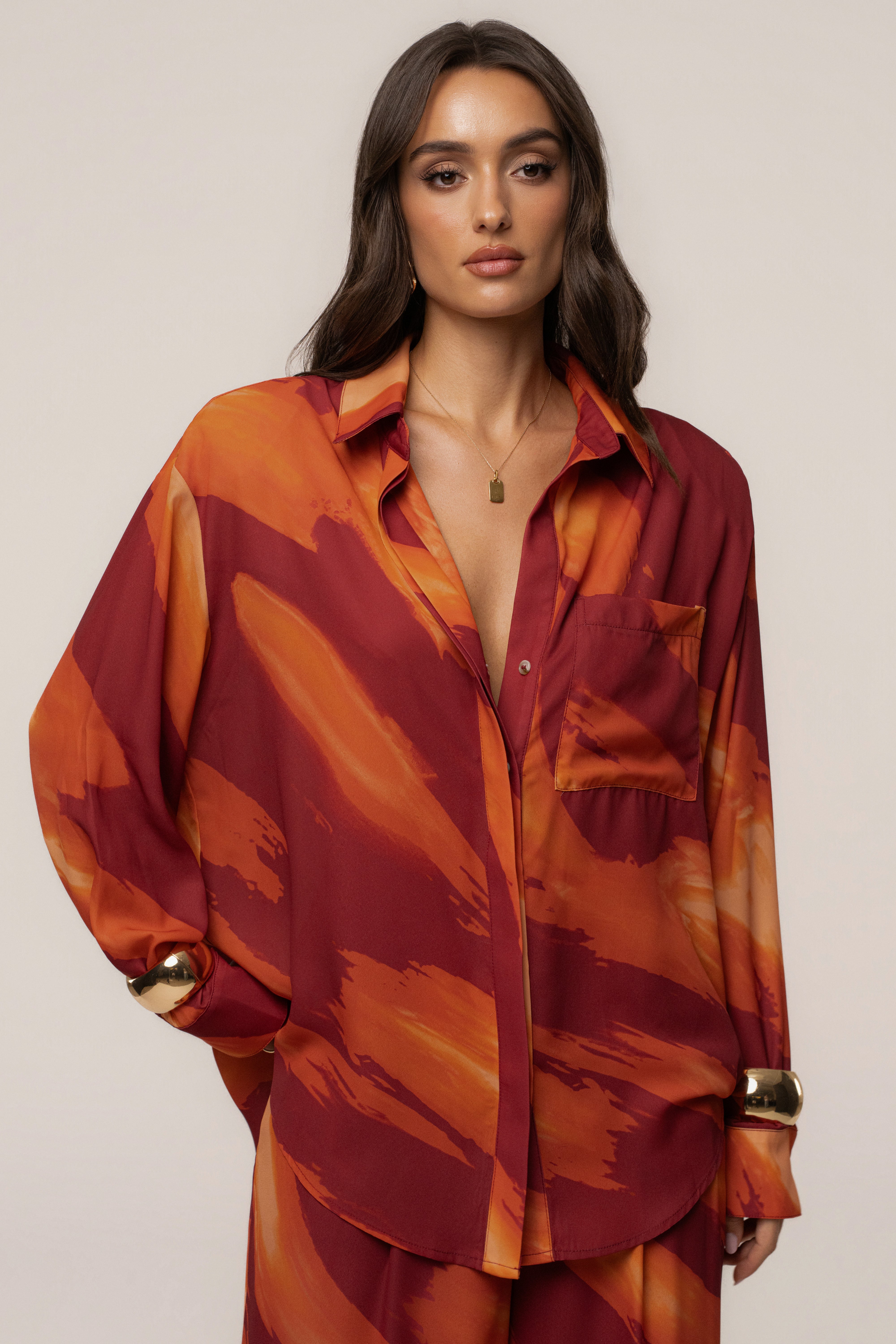 Crimson Dusk Fierce Form button-down shirt by JLUXLABEL, featuring a stylish red tops with a sleek collar and long sleeves.