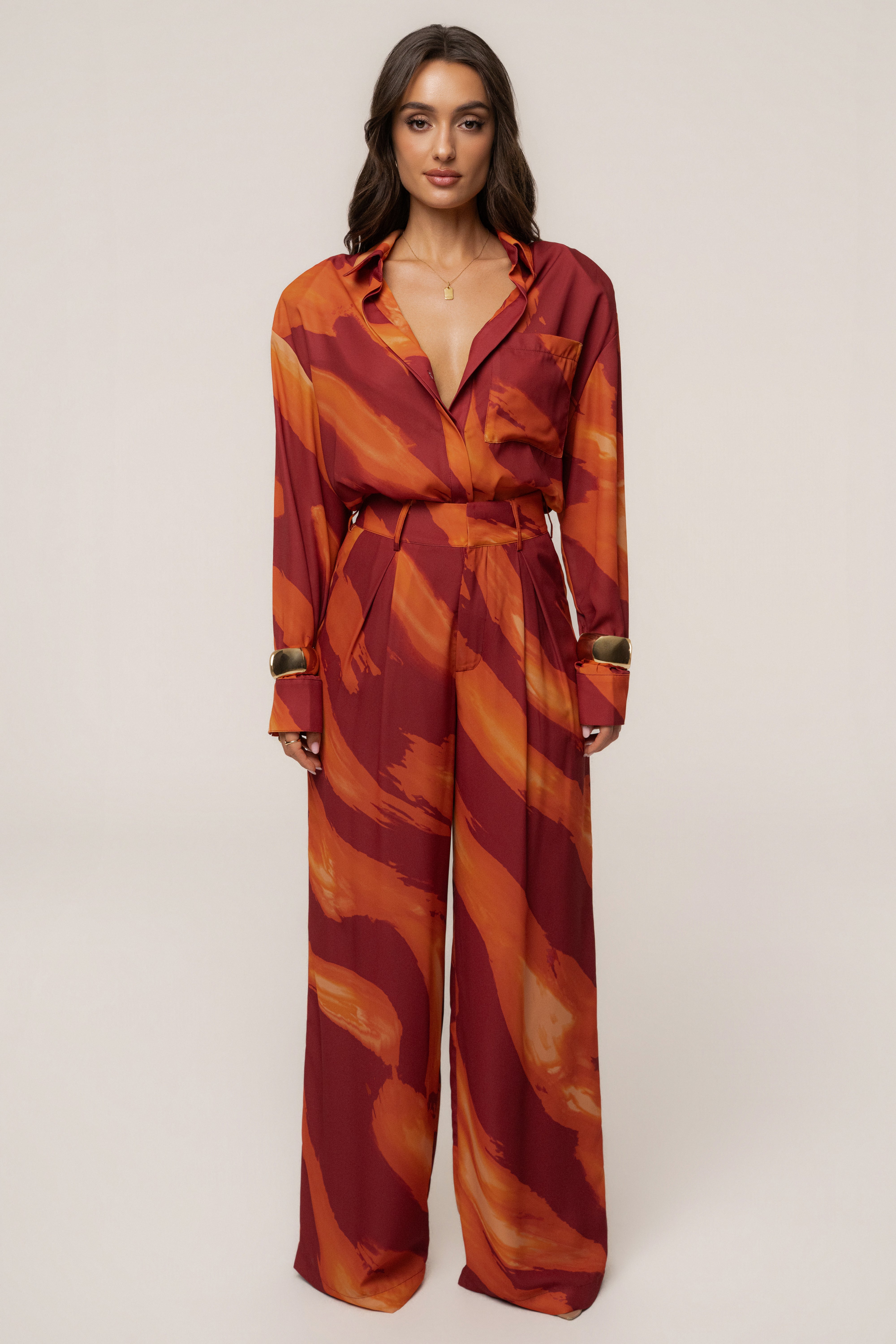 Crimson Dusk Fierce Form button-down shirt by JLUXLABEL, showcasing a vibrant red tops with a tailored fit and classic collar.