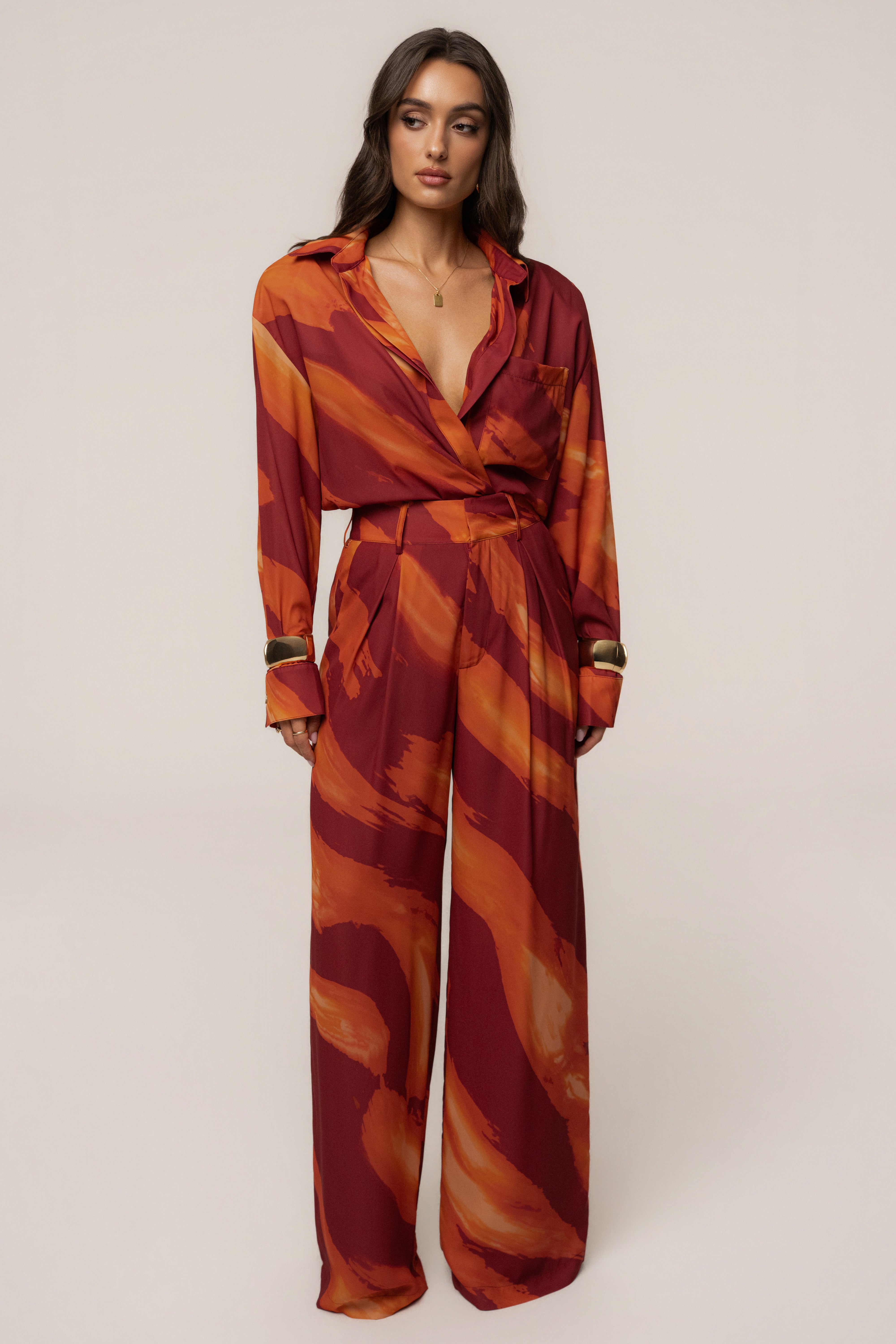 Crimson Dusk Fierce Form Button-Down Shirt | JLUXLABEL
