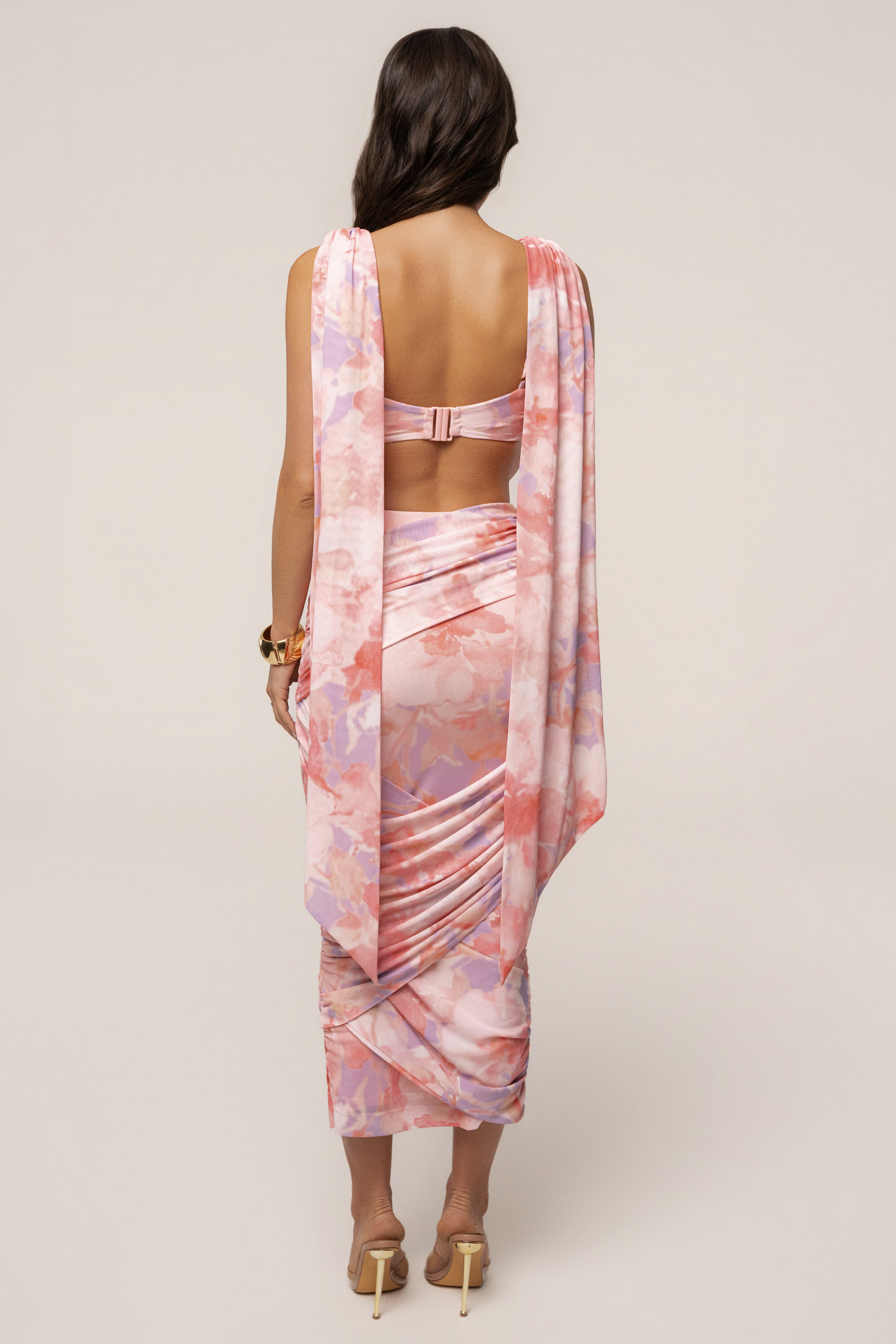 Pink Bloom Divine Drape Mesh Skirt Set by JLUXLABEL featuring a flowy pink mesh skirt and matching top, stylish and elegant for any occasion.