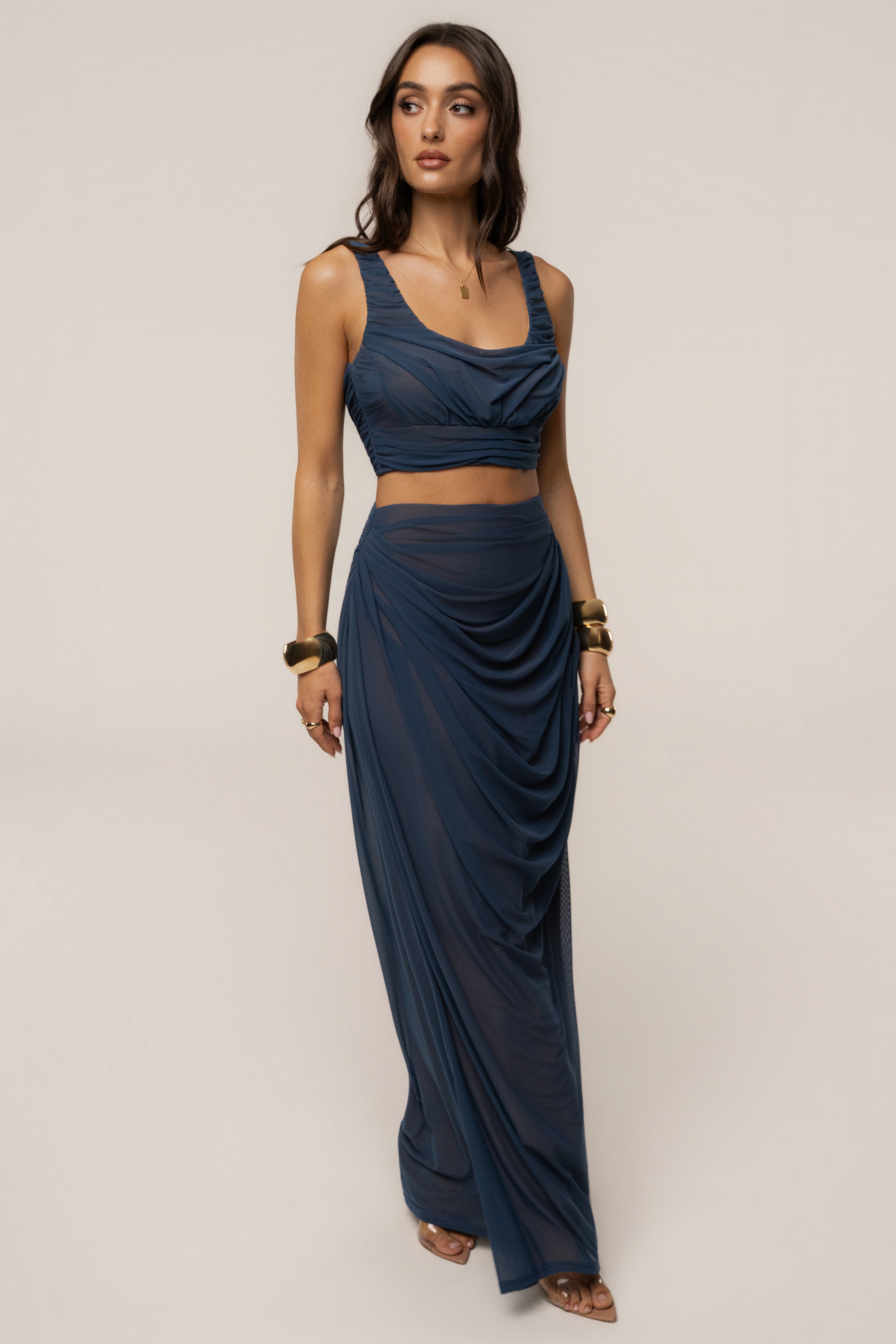 Blue Ethereal Flow Maxi Skirt by JLUXLABEL, flowing chiffon fabric, high waist, and full-length design for elegant summer wear.