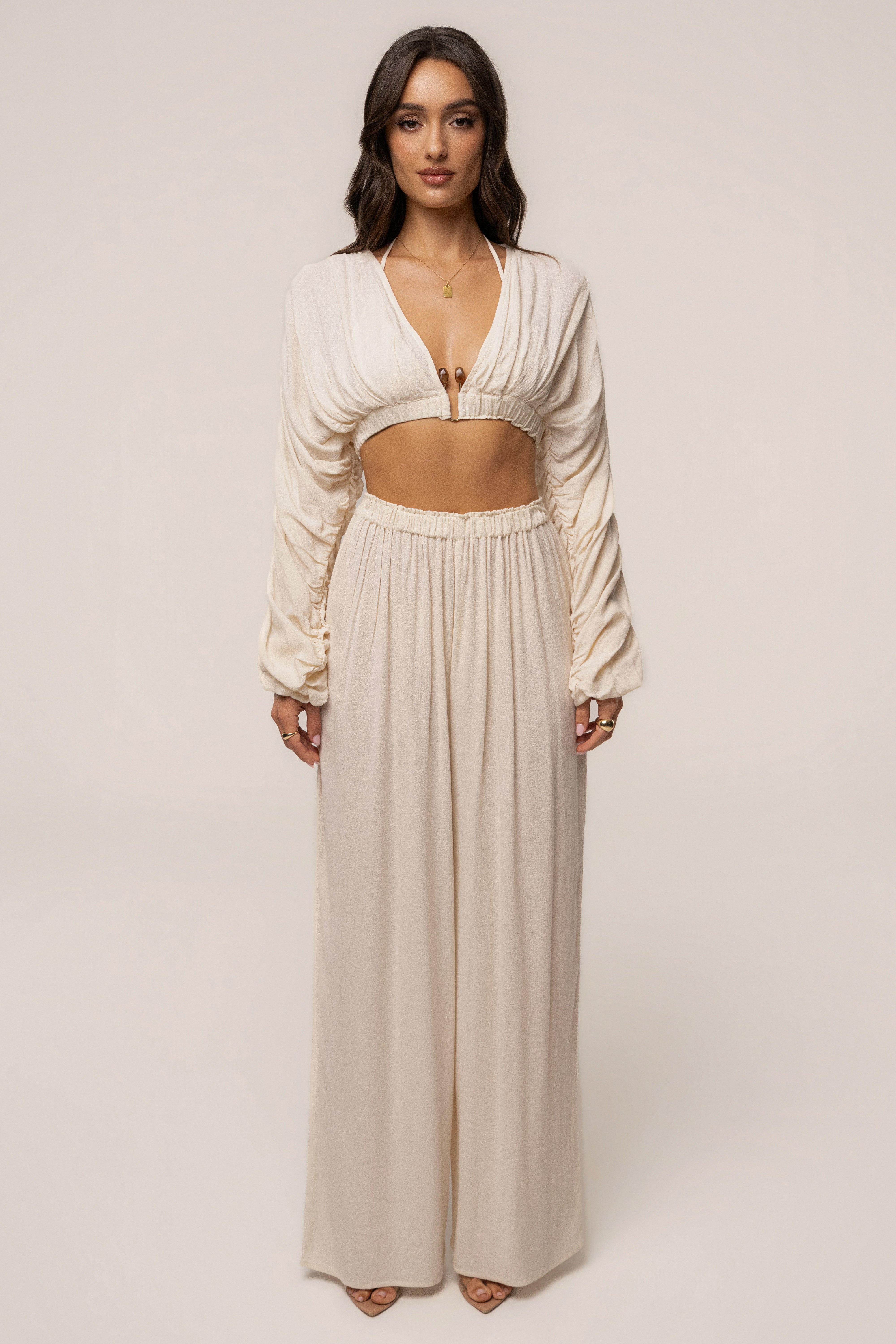 Cream Island Breeze pant set by JLUXLABEL featuring comfortable matching top and pants in a stylish, casual design.