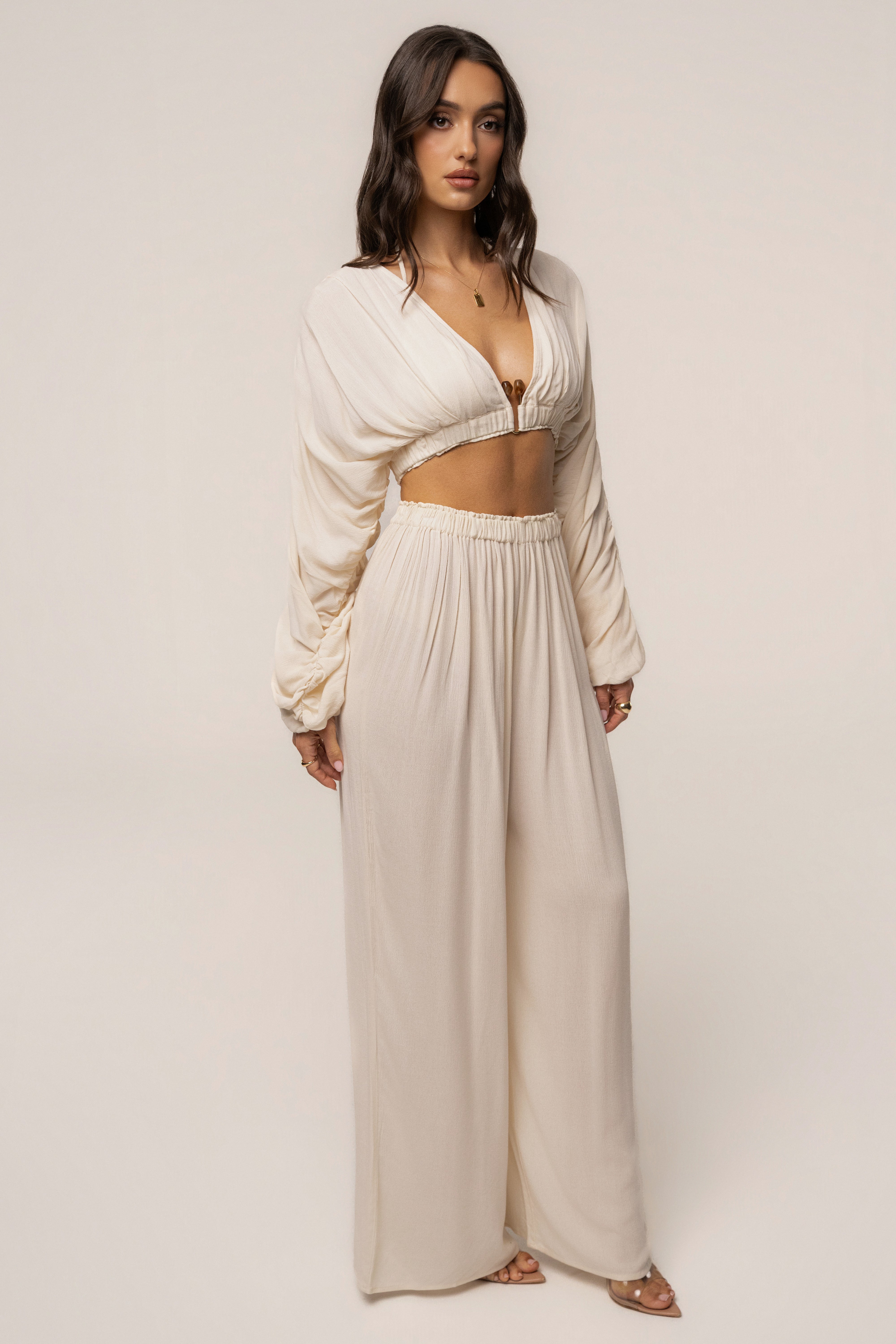 JLUXLABEL Cream Island Breeze pant set with lightweight fabric and relaxed fit, perfect for casual and summer wear.