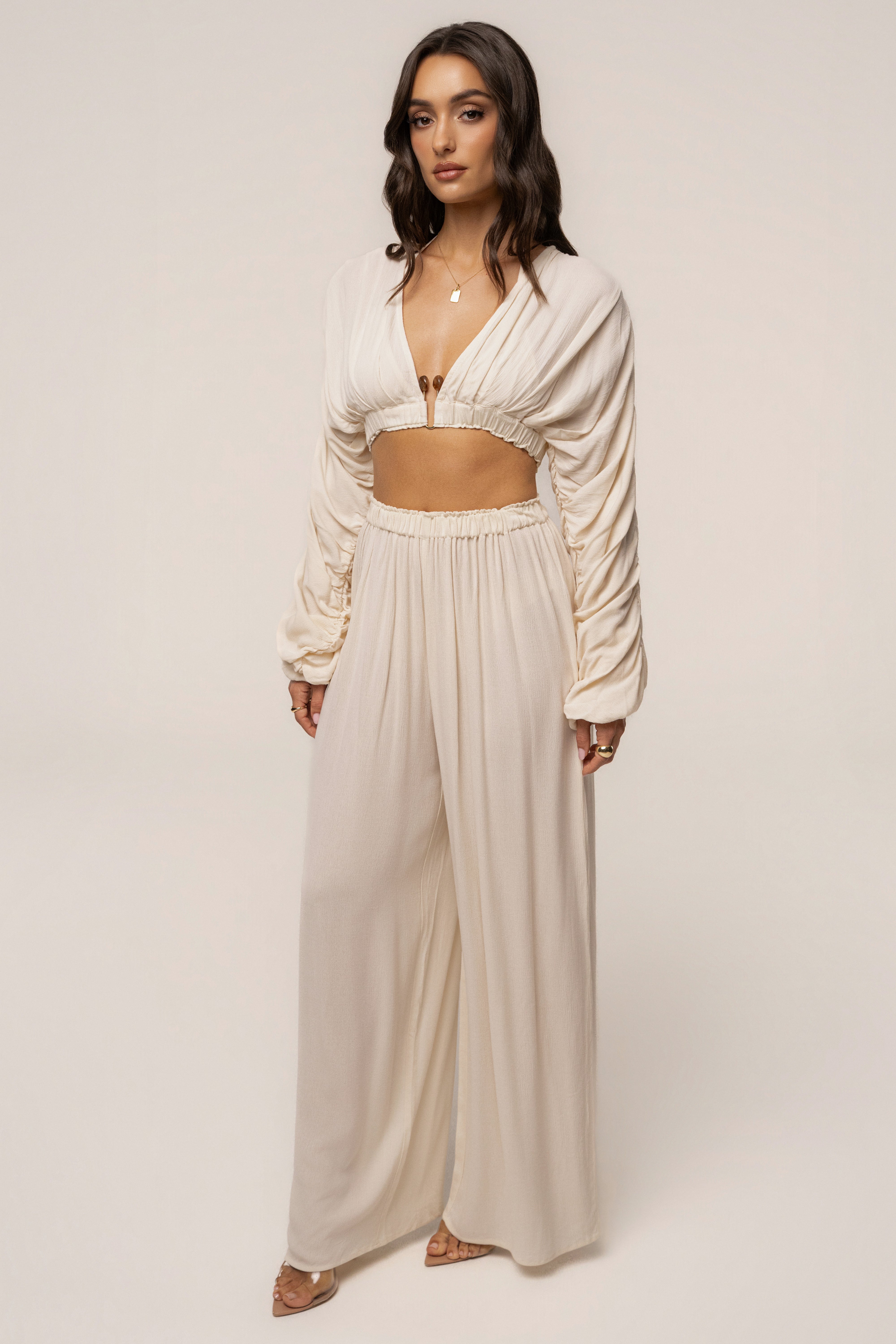 Cream Island Breeze pant set by JLUXLABEL featuring relaxed fit pants and a matching top for stylish comfort.