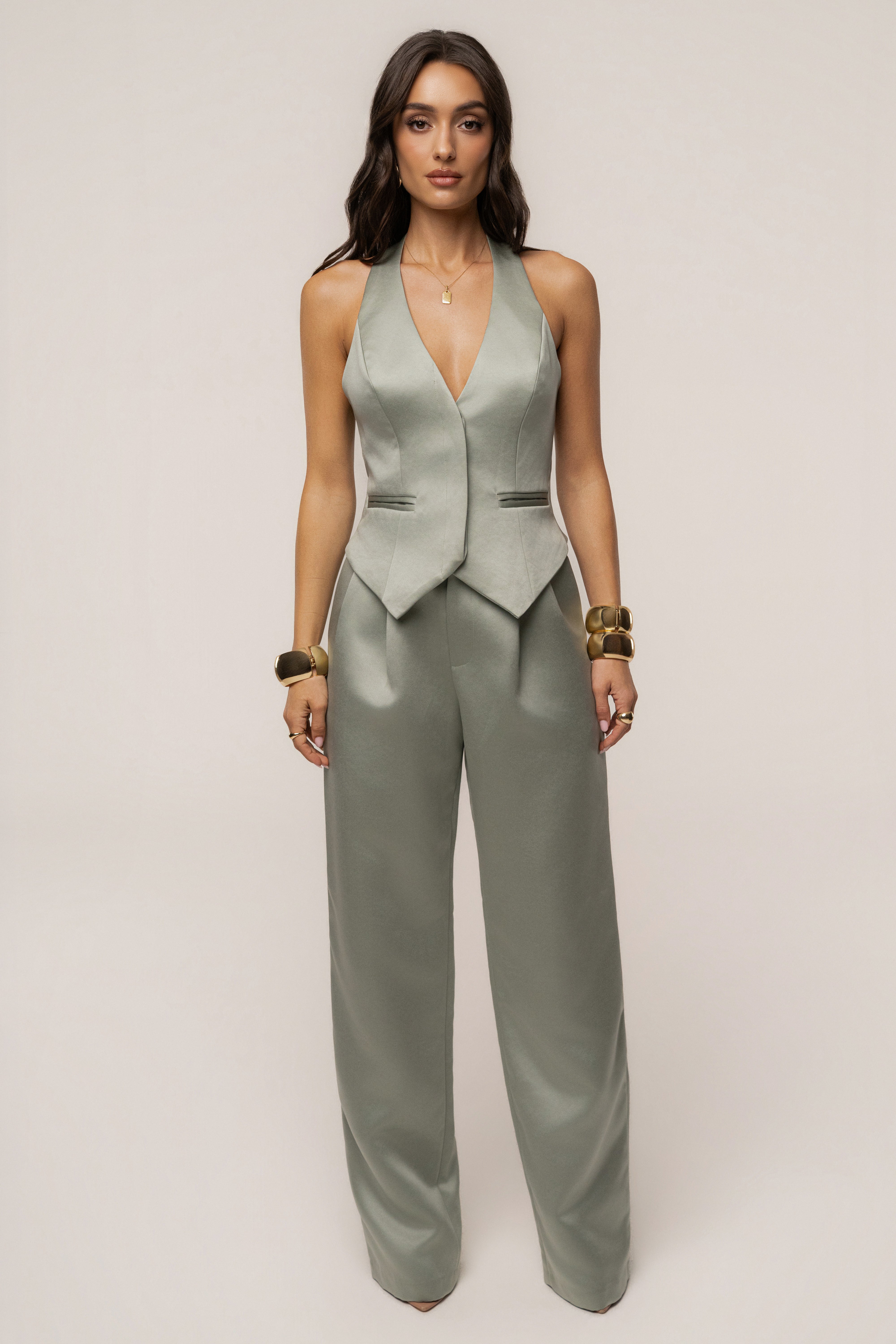 JLUXLABEL Sage City Nights satin trousers, stylish bottoms with a smooth satin finish and tailored fit, perfect for elegant wear.
