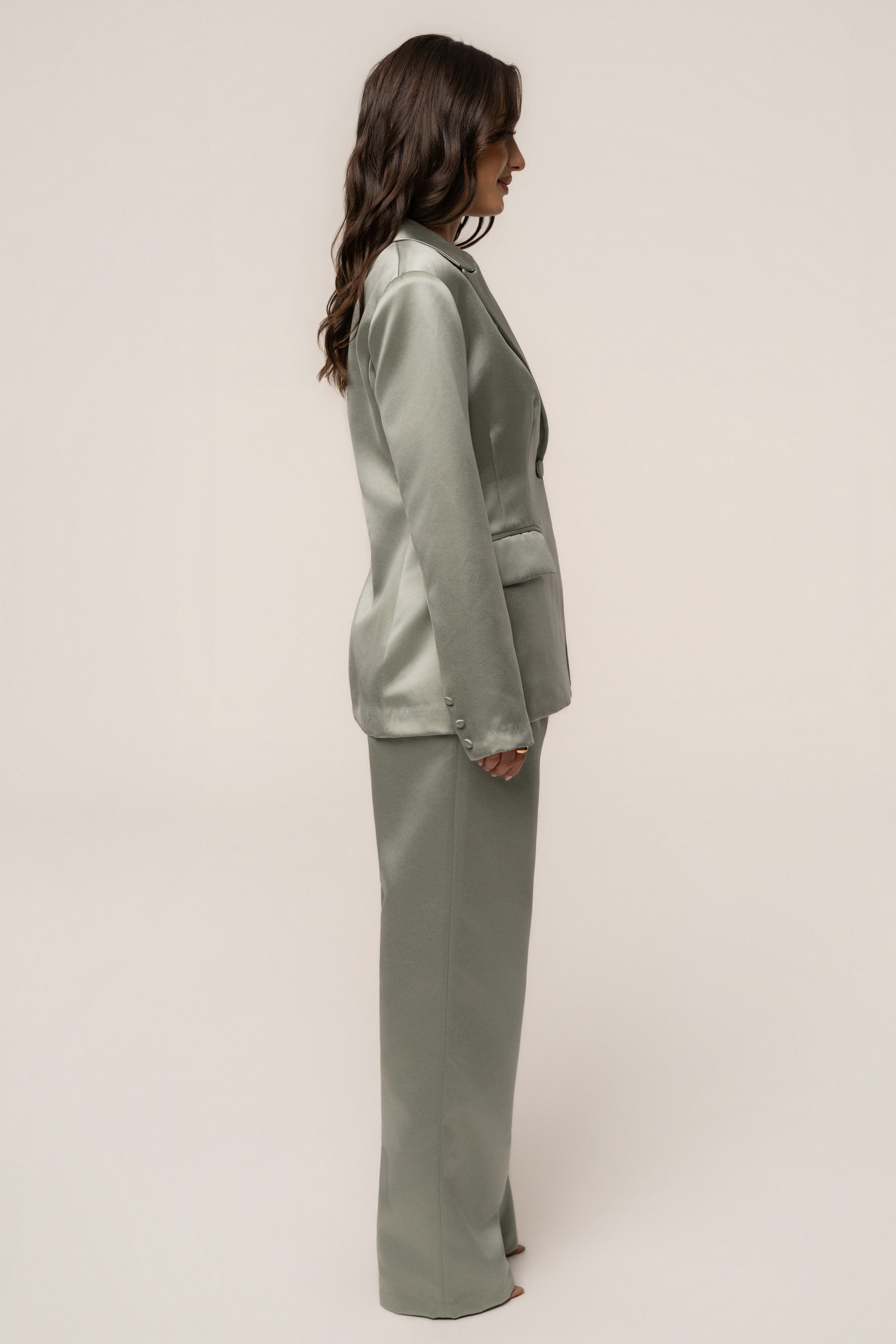 Sage Victoria satin blazer by JLUXLABEL, stylish outerwear with a smooth satin finish and tailored fit.