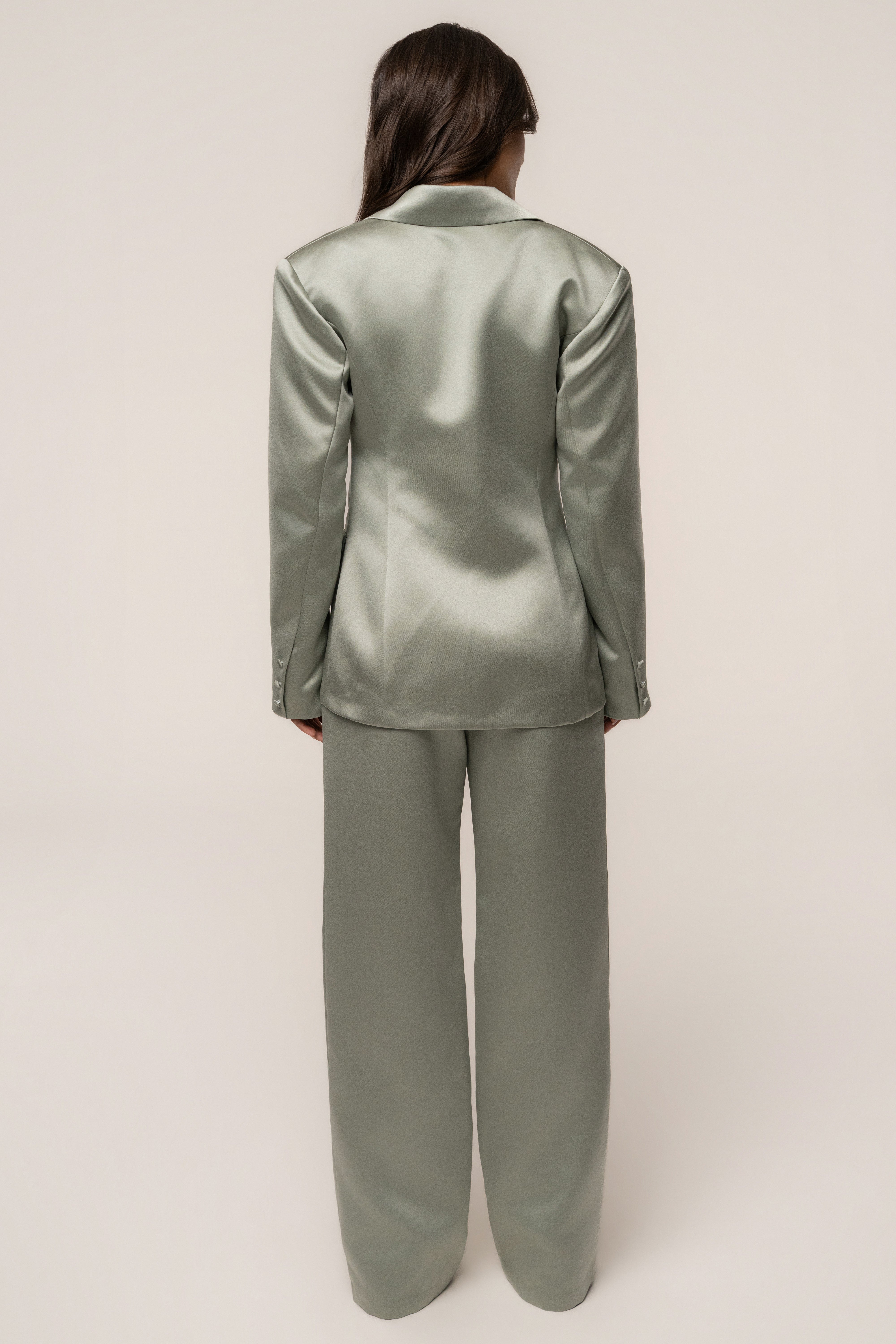 Sage Victoria satin blazer from JLUXLABEL outerwear collection, featuring a sleek tailored fit and smooth satin fabric.