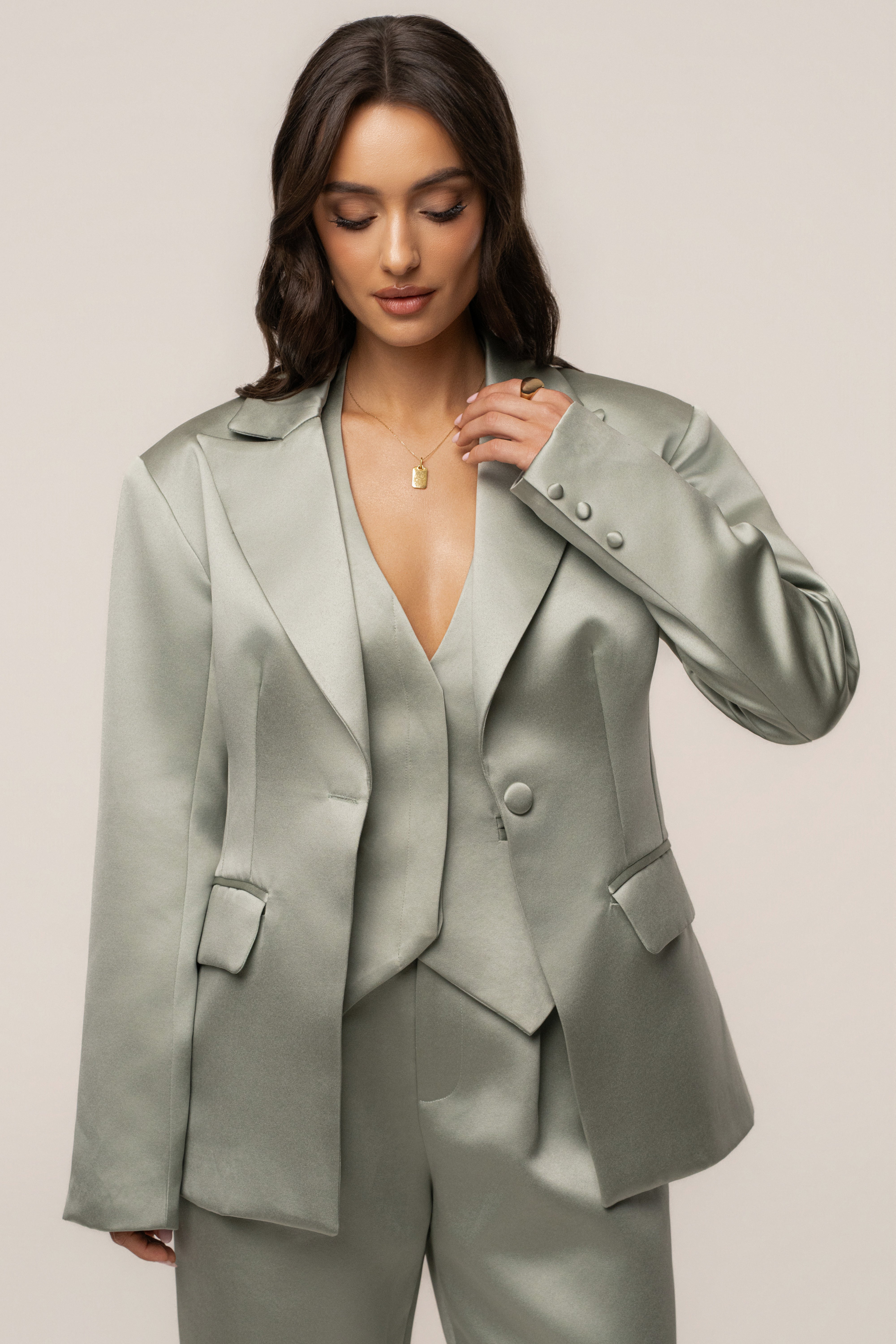 Sage Victoria satin blazer by JLUXLABEL, stylish outerwear with a sleek satin finish, tailored fit, and classic lapel design.