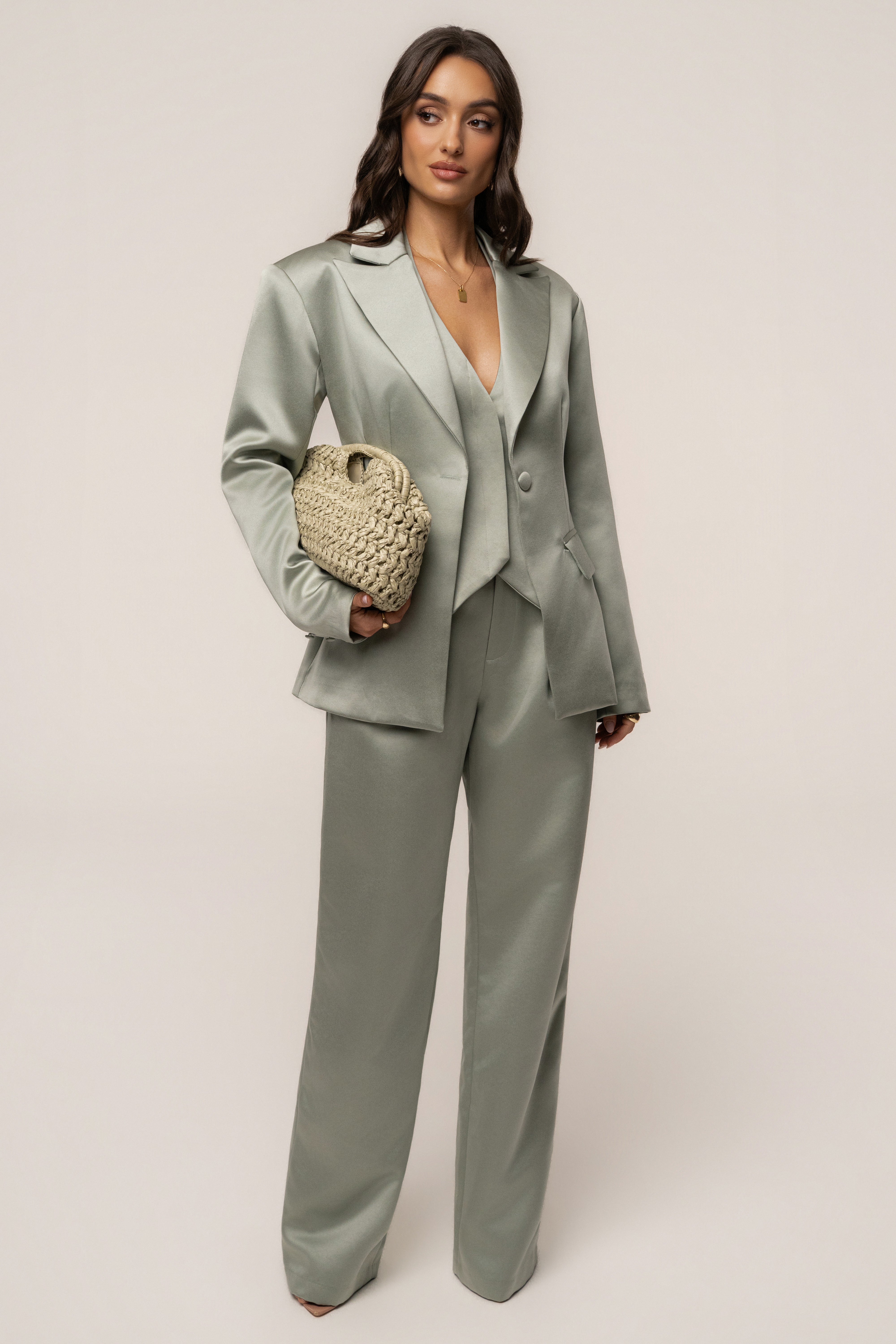 Sage Victoria satin blazer by JLUXLABEL, stylish outerwear with a sleek satin finish, displayed on a hanger.