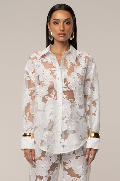 Organza Floral Blouse | Sheer Button-Up Top in Ivory