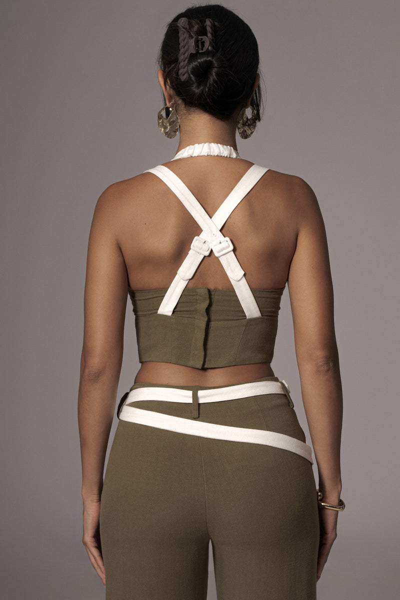 Bustier en lin renouvelé Olive/Ivoire