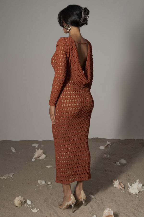 Dark Terra Cotta Serene Wonders Crochet Dress - JLUXLABEL