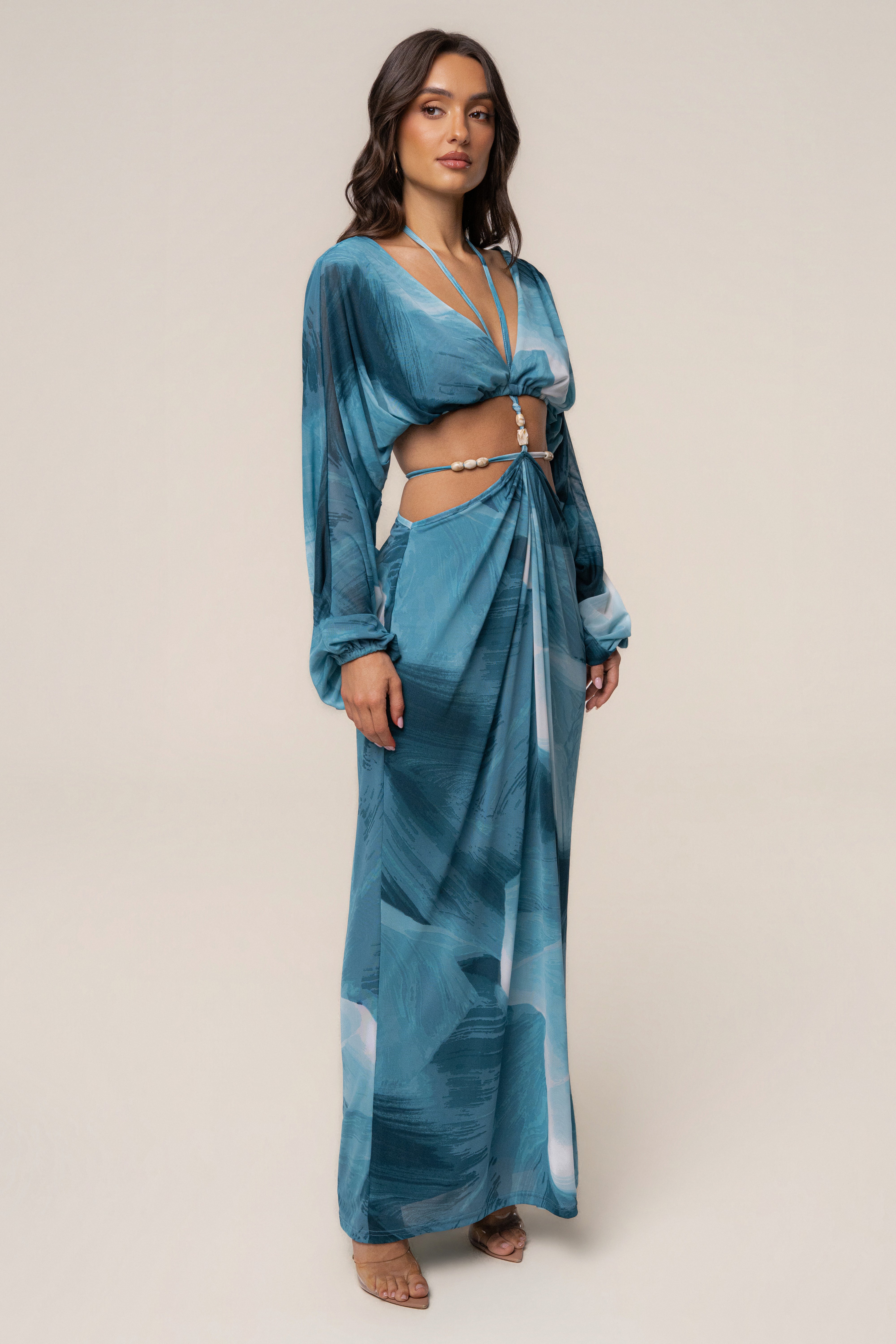Sunset Blue Selene Draped Top by JLUXLABEL, featuring flowing fabric and elegant drape, perfect for stylish casual wear.