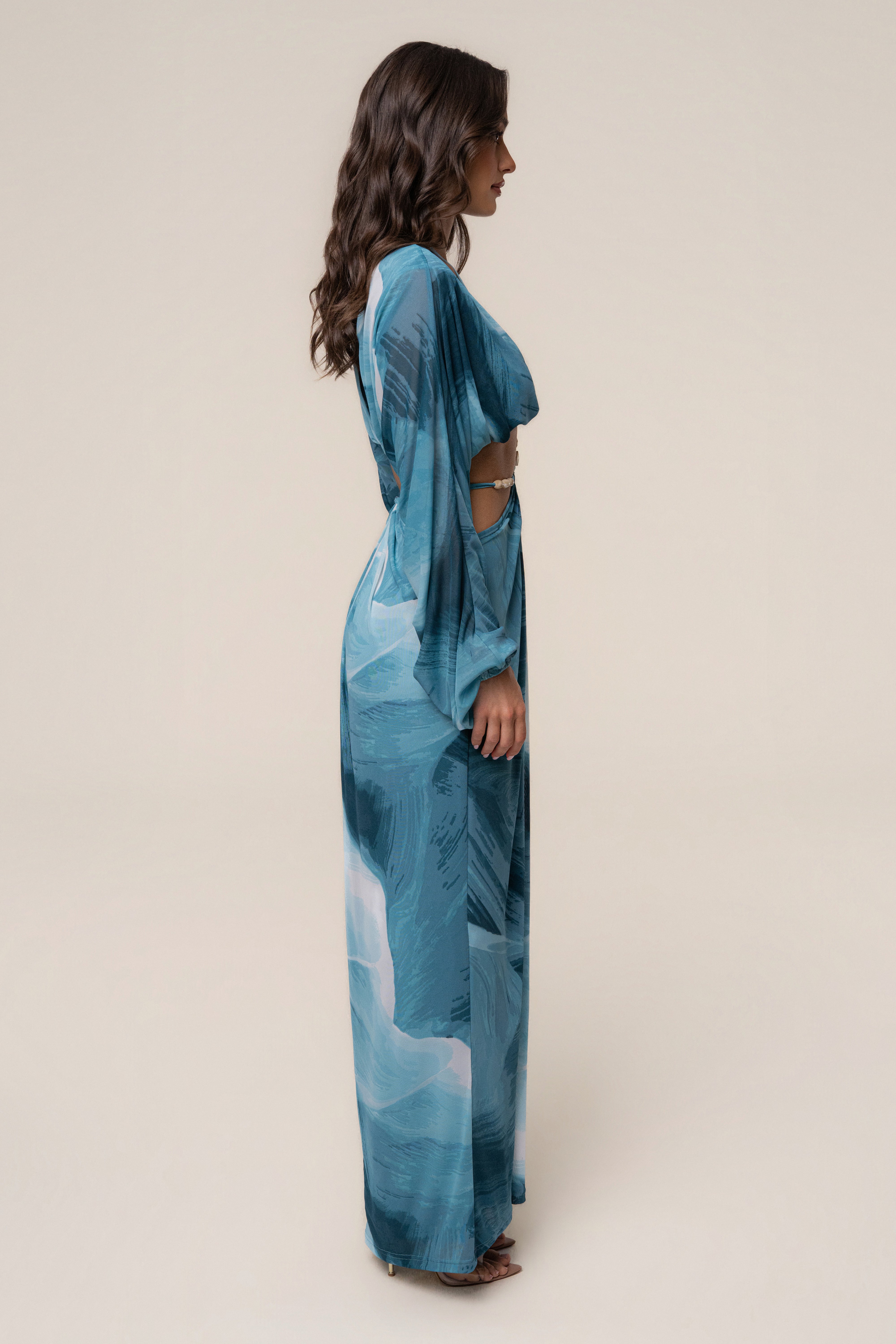 Sunset Blue Hera draped maxi skirt from JLUXLABEL featuring flowing fabric and elegant design, perfect for stylish summer outfits.