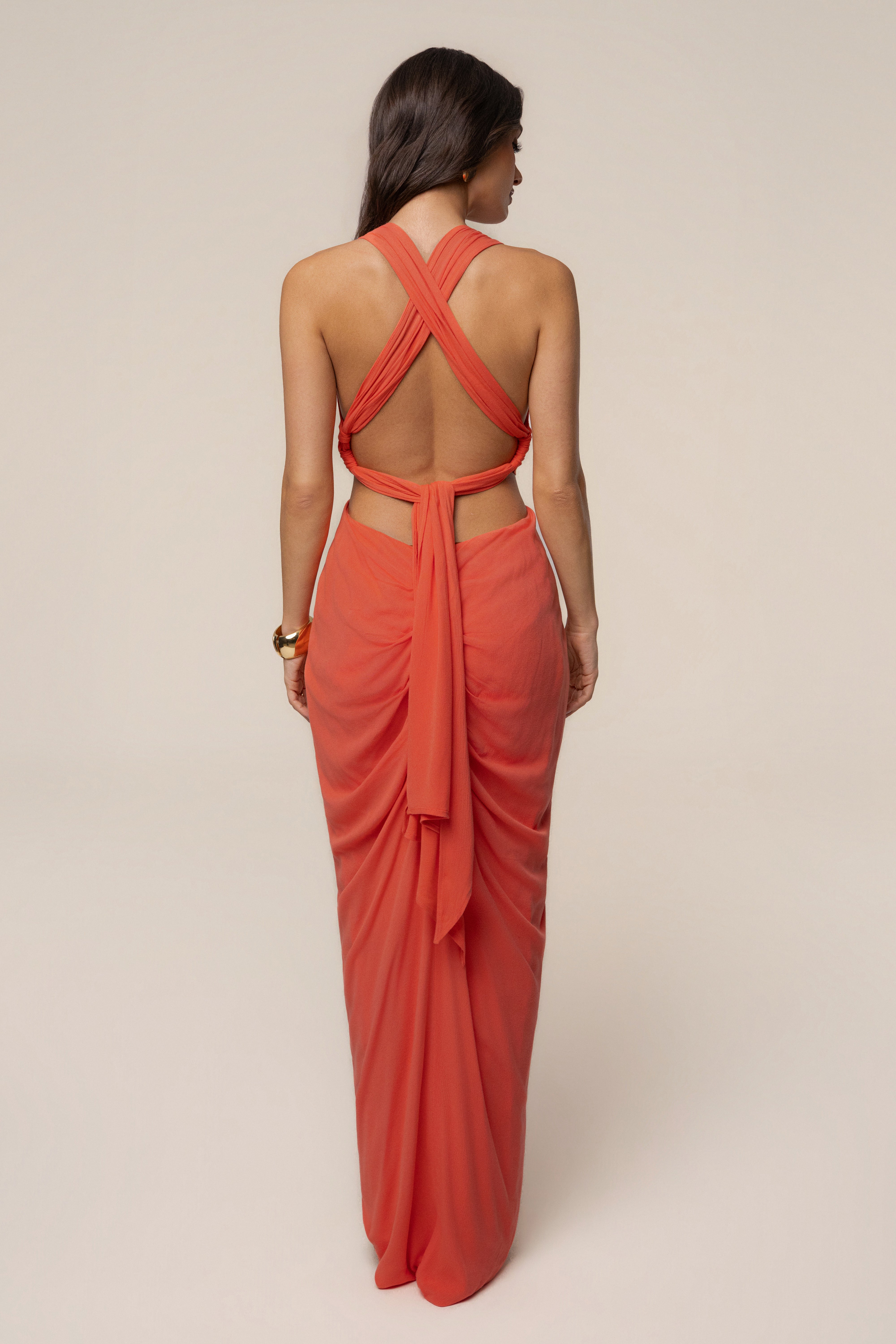 Coral warm sunset maxi dress by JLUXLABEL featuring flowing fabric and elegant design, perfect for summer or special occasions.