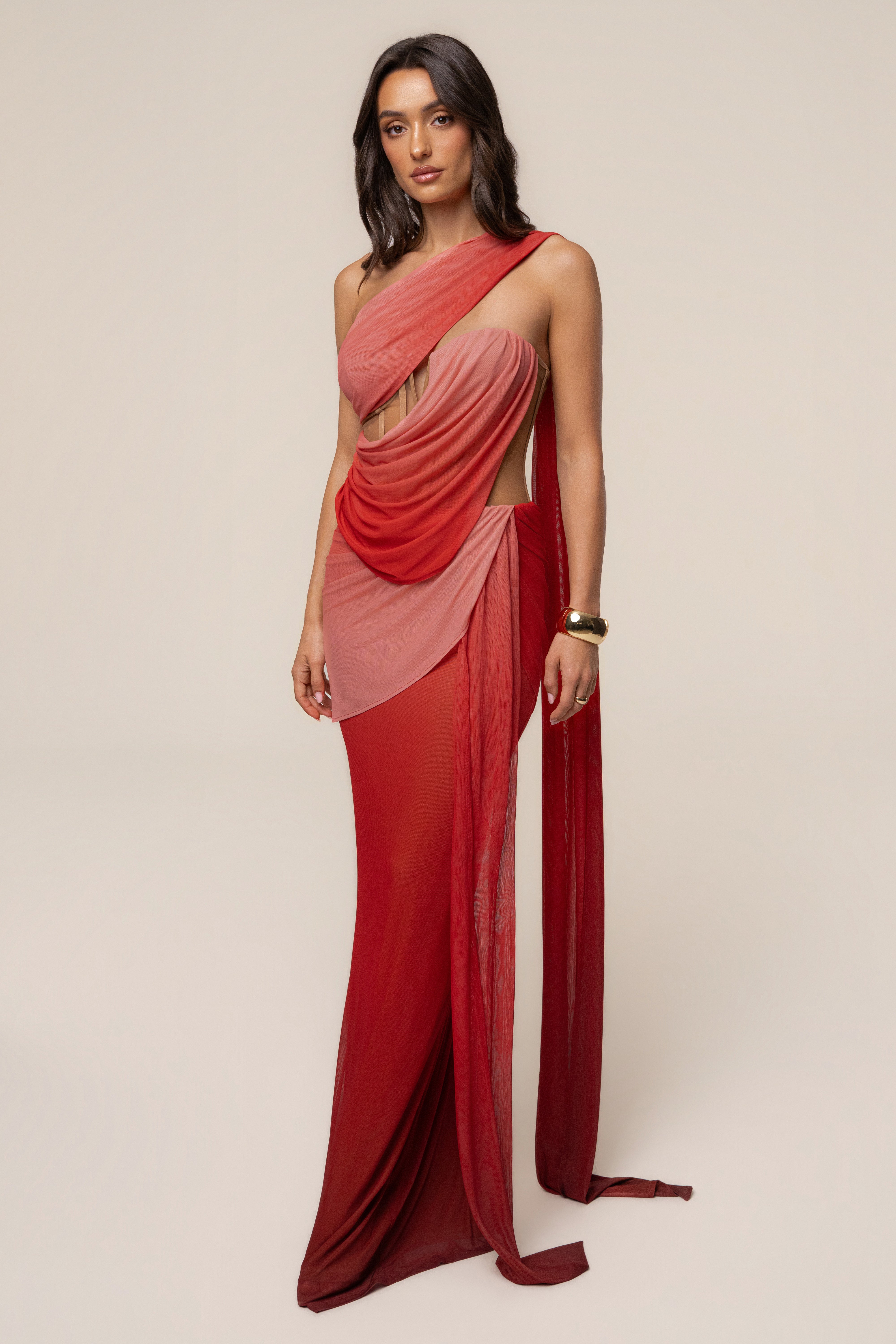 JLUXLABEL Terra Sol Empress of Hearts mesh gown, elegant dress with intricate details and flowing fabric, ideal for formal occasions.