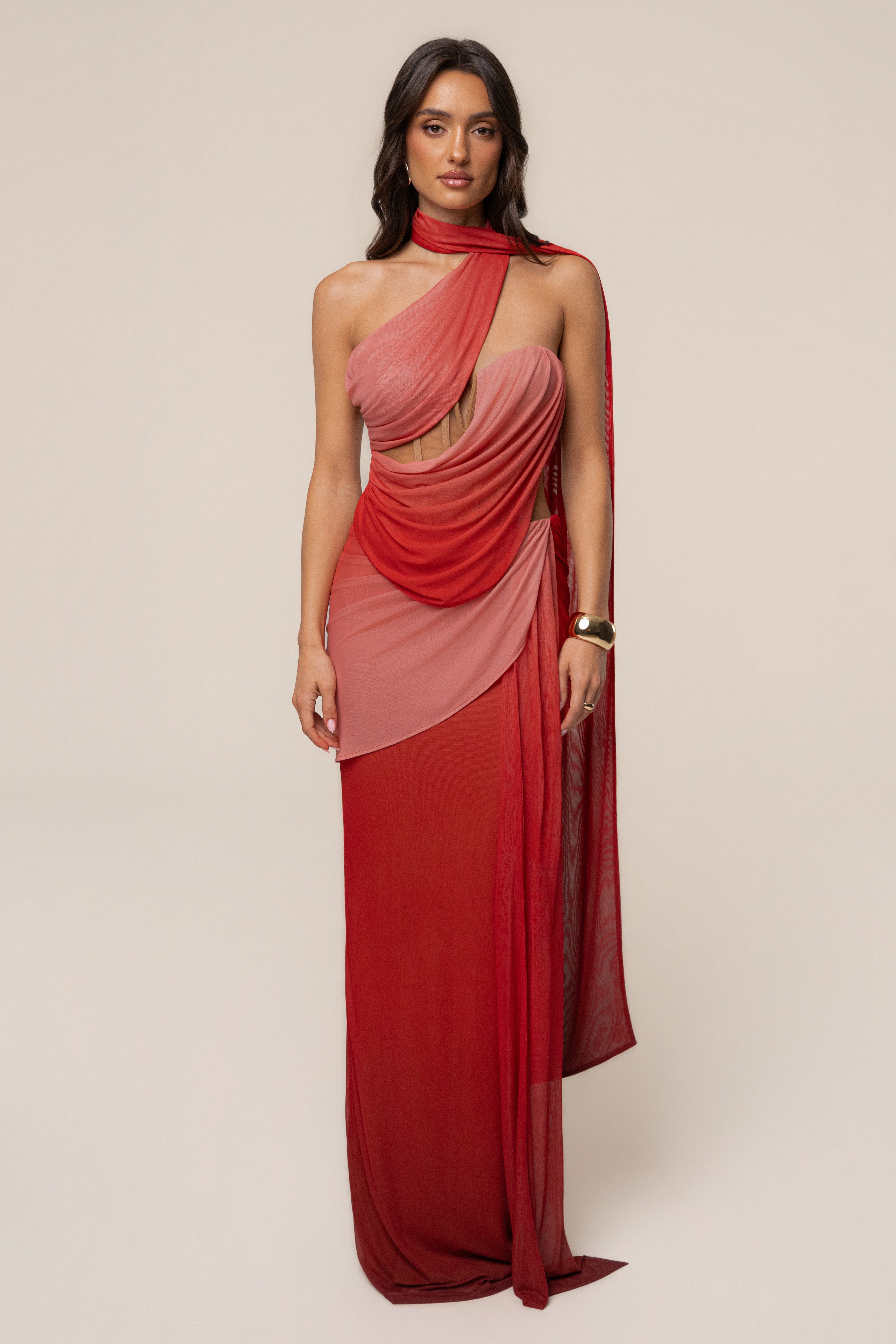 JLUXLABEL Terra Sol Empress of Hearts mesh gown, elegant dress with intricate lace details and flowing fabric.