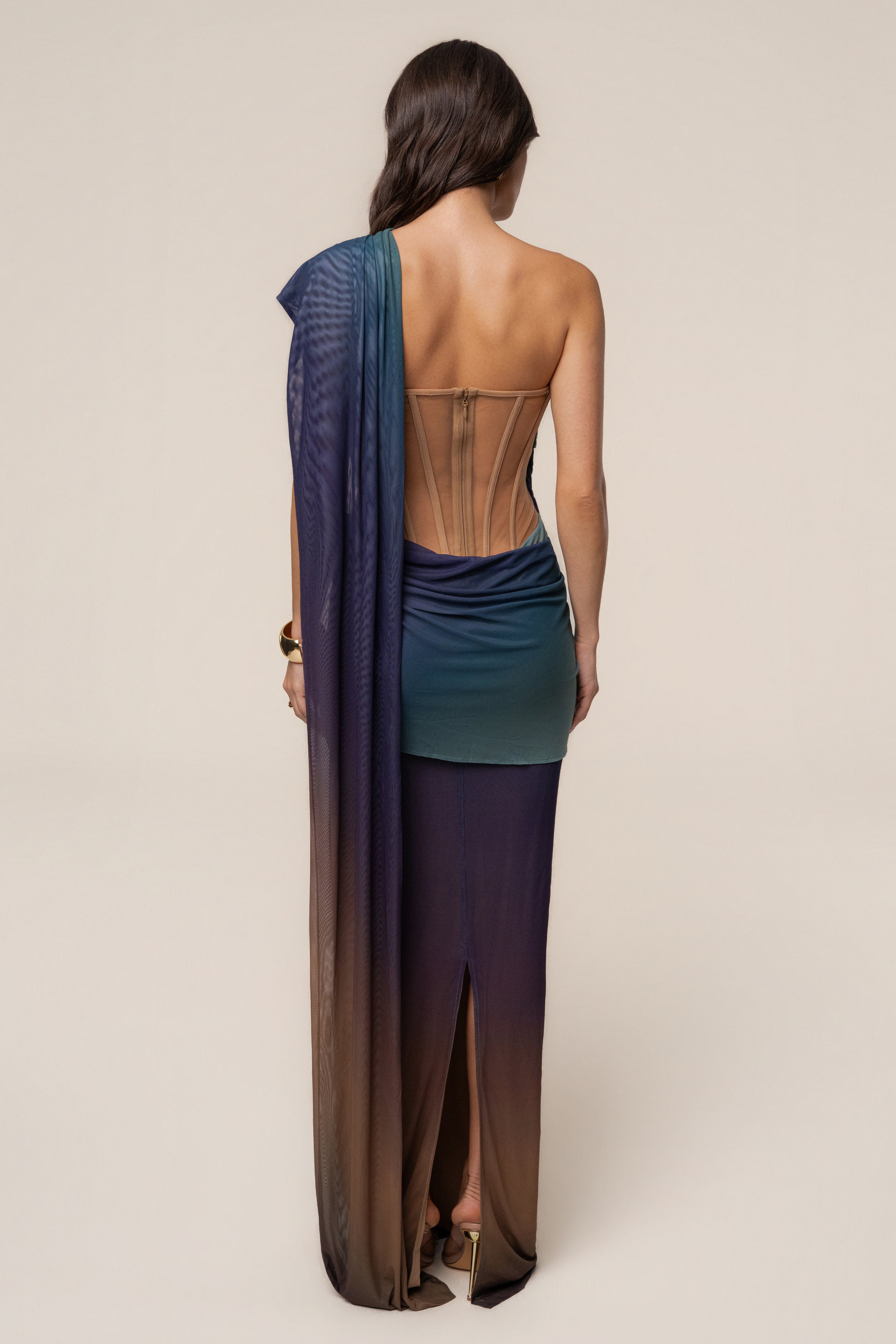 JLUXLABEL Lunar Shadow Empress of Hearts mesh gown featuring intricate detailing and a flowing silhouette.