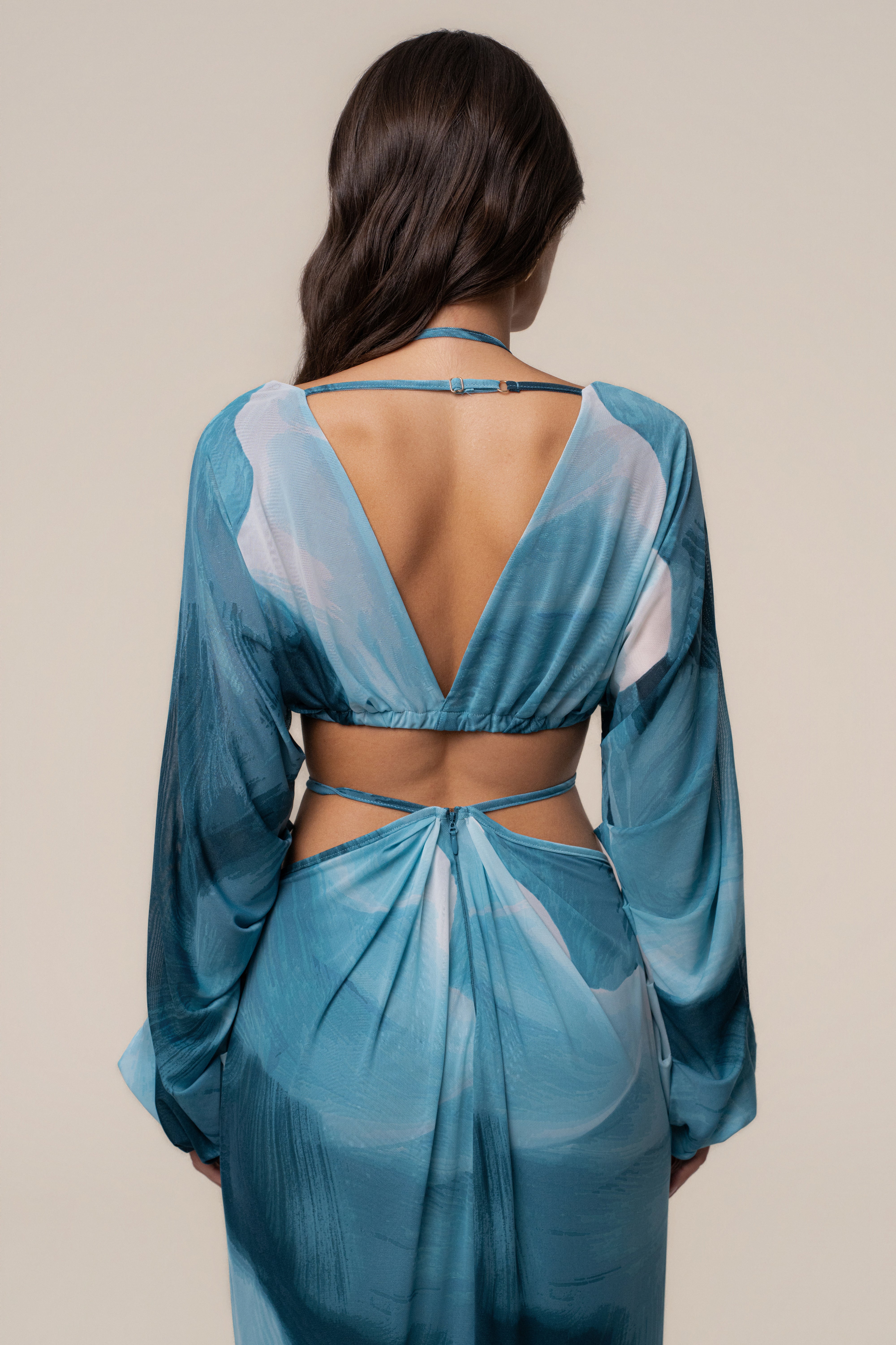 Sunset Blue Hera draped maxi skirt by JLUXLABEL featuring flowing fabric and elegant drape, perfect as stylish bottoms.