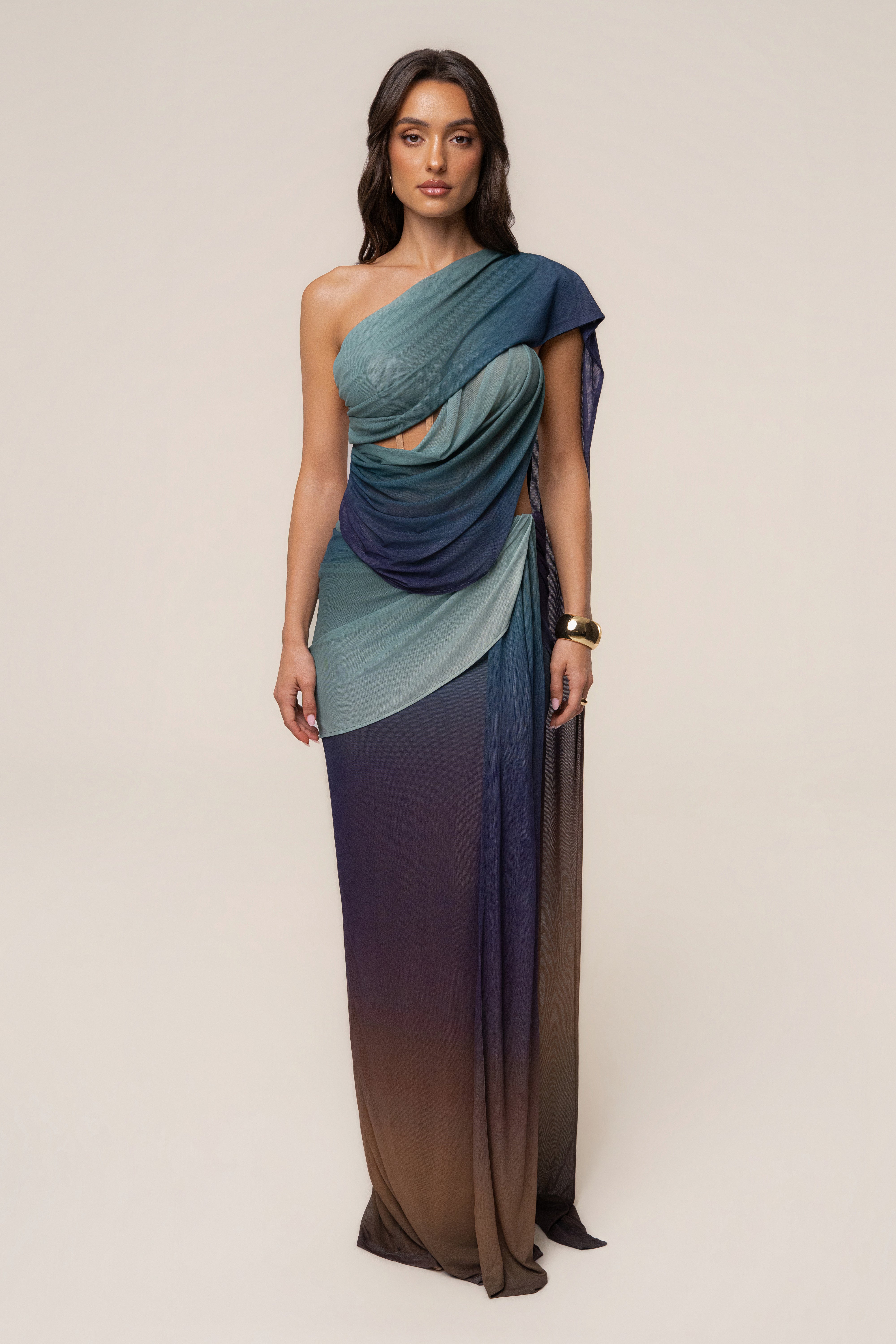 Lunar Shadow Empress of Hearts mesh gown by JLUXLABEL featuring intricate heart-shaped patterns and flowing fabric.