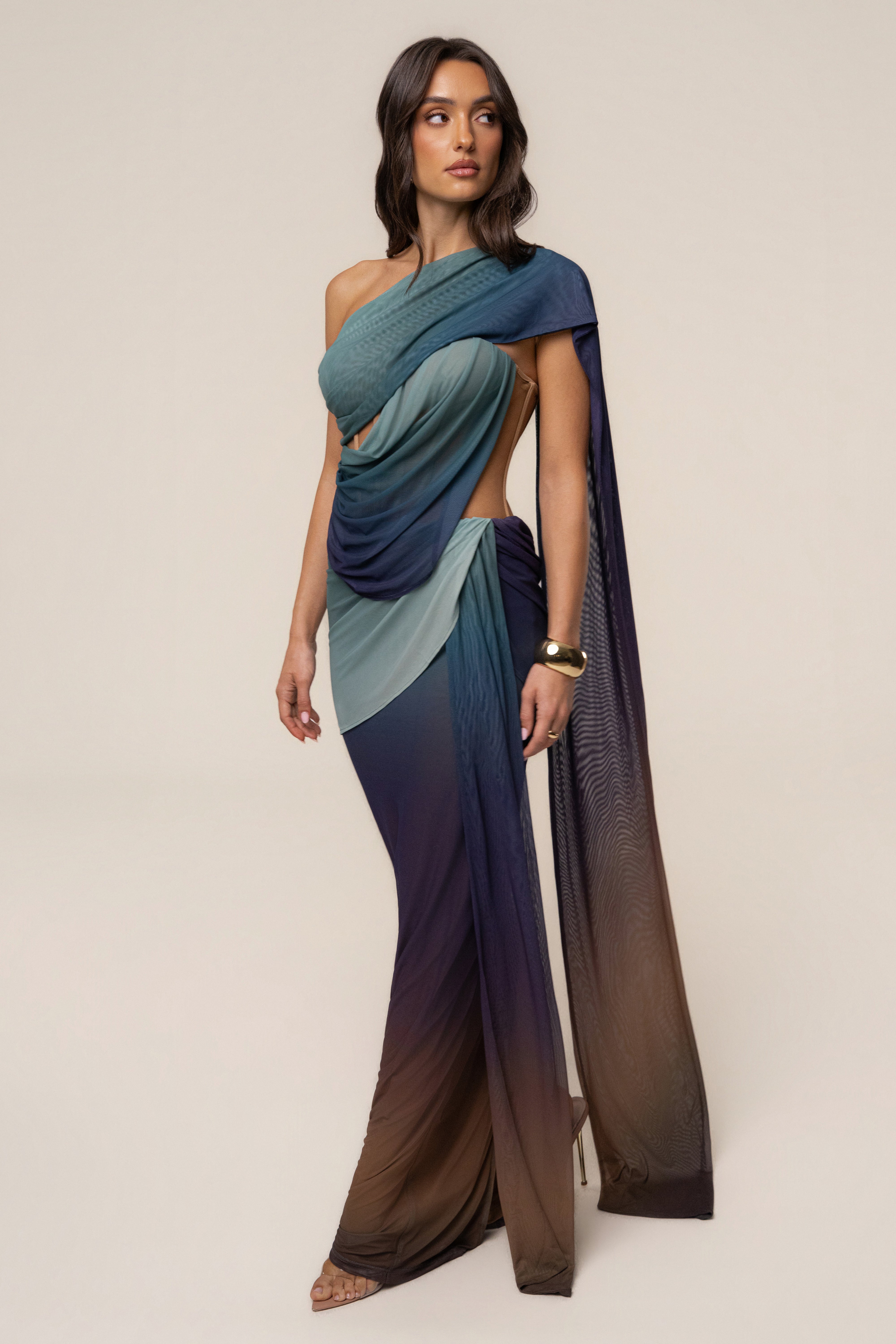 JLUXLABEL Lunar Shadow Empress of Hearts mesh gown featuring intricate design and flowing fabric, perfect for elegant occasions.