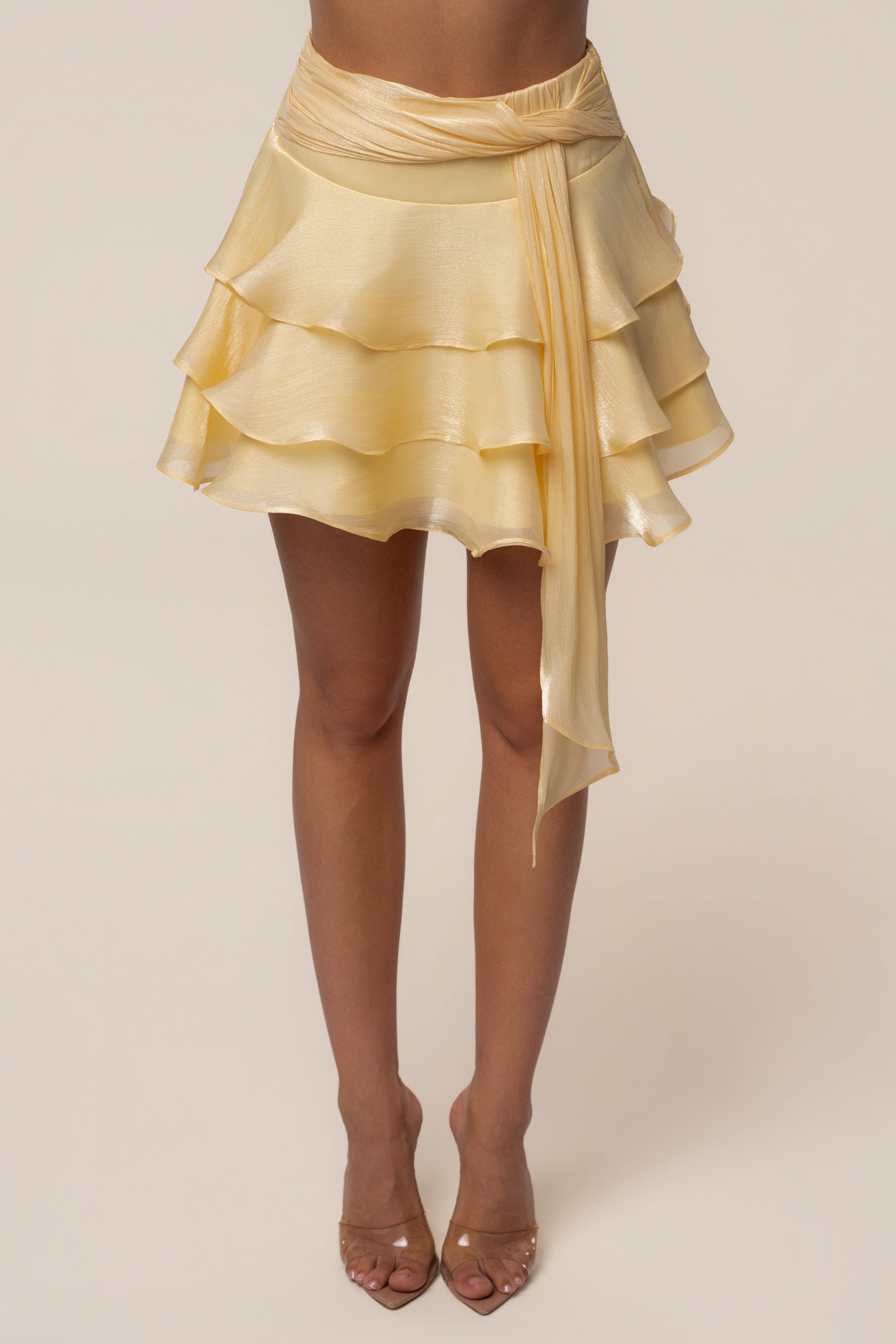Yellow Sky Draped Skirt Set by JLUXLABEL, featuring a stylish draped skirt and matching top, perfect for a chic, coordinated look.