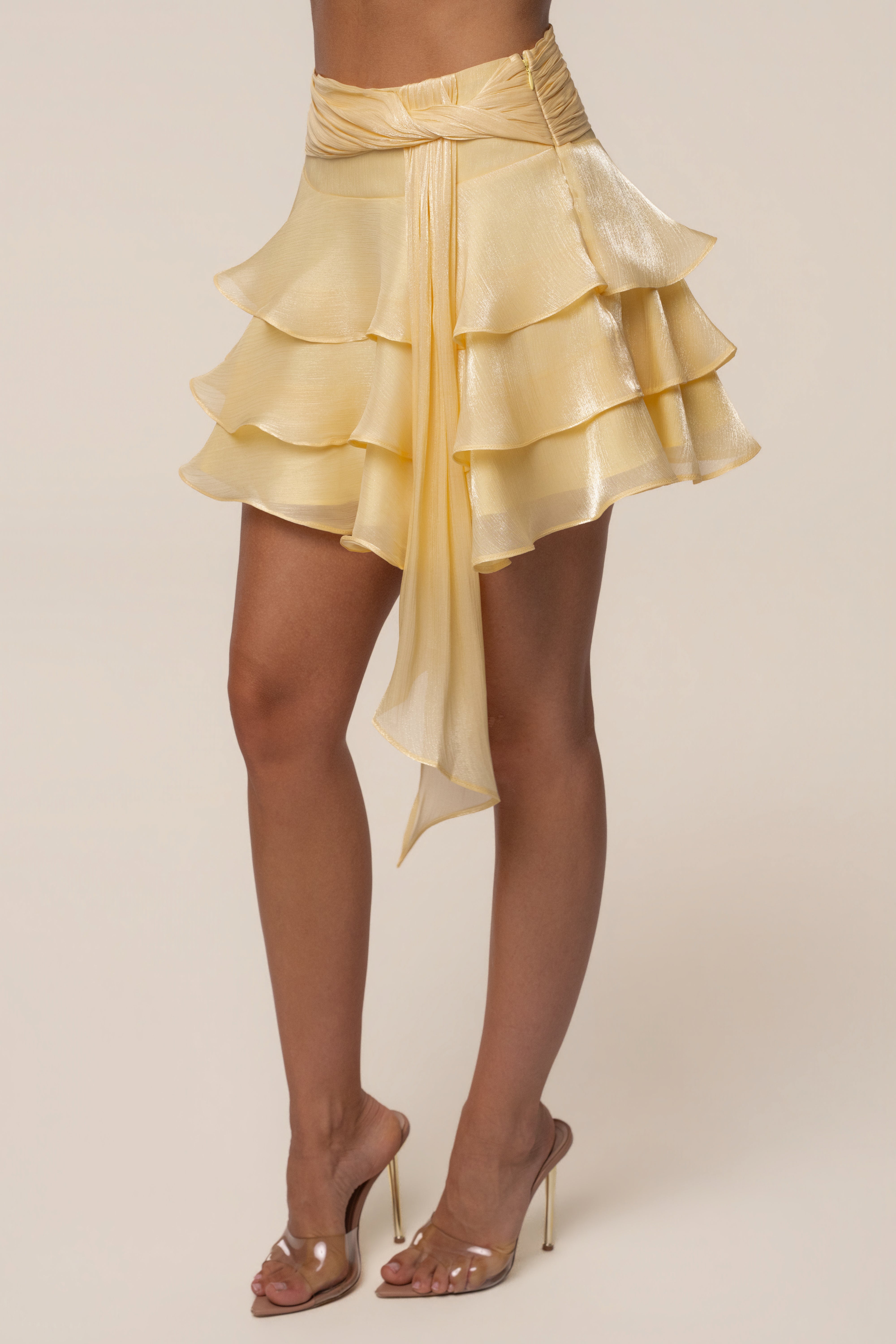 Yellow Sky Draped Skirt Set by JLUXLABEL, featuring a stylish draped skirt and matching top on a model.