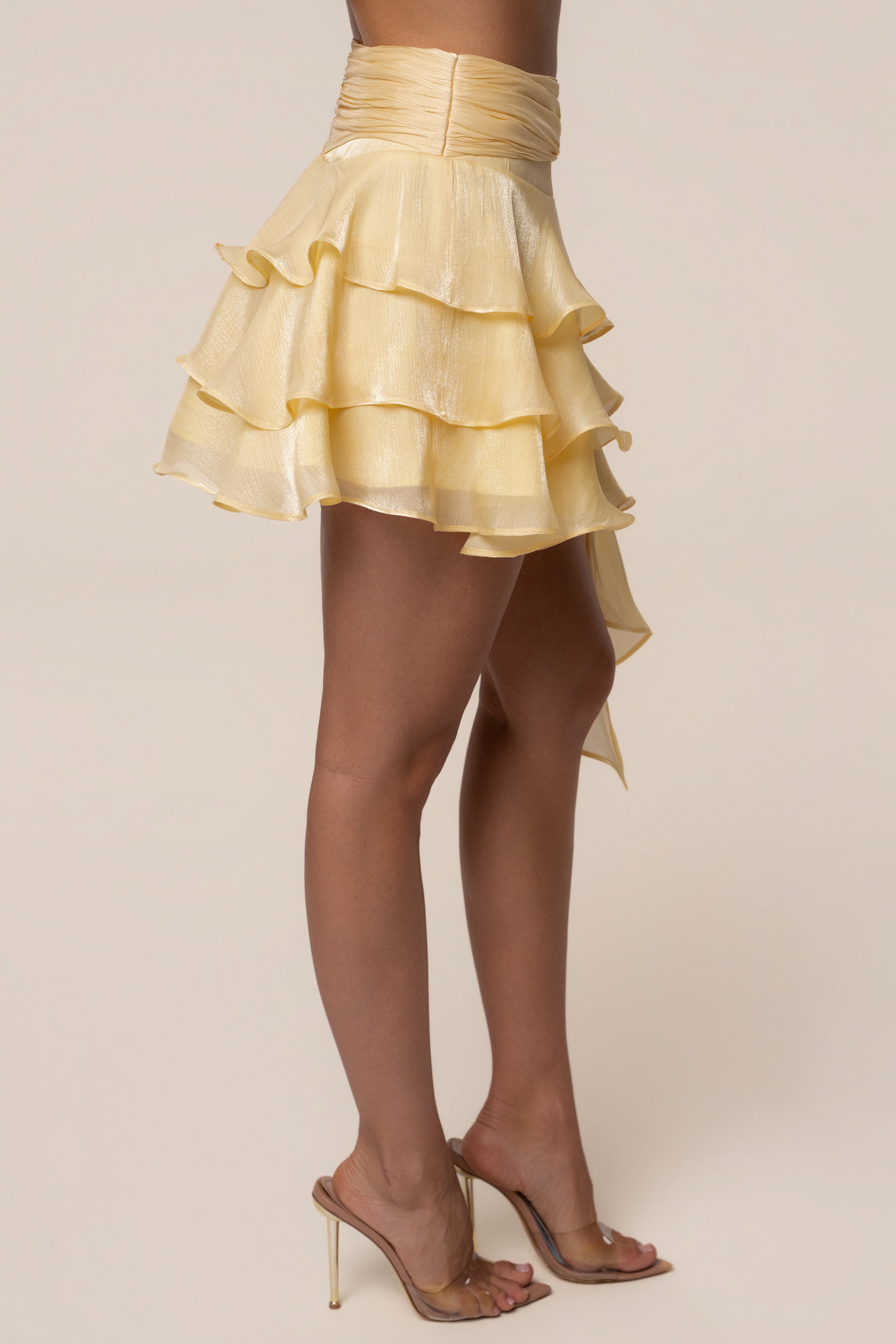 Yellow Sky Draped Skirt Set by JLUXLABEL featuring a stylish, flowy skirt and matching top in a vibrant yellow color.