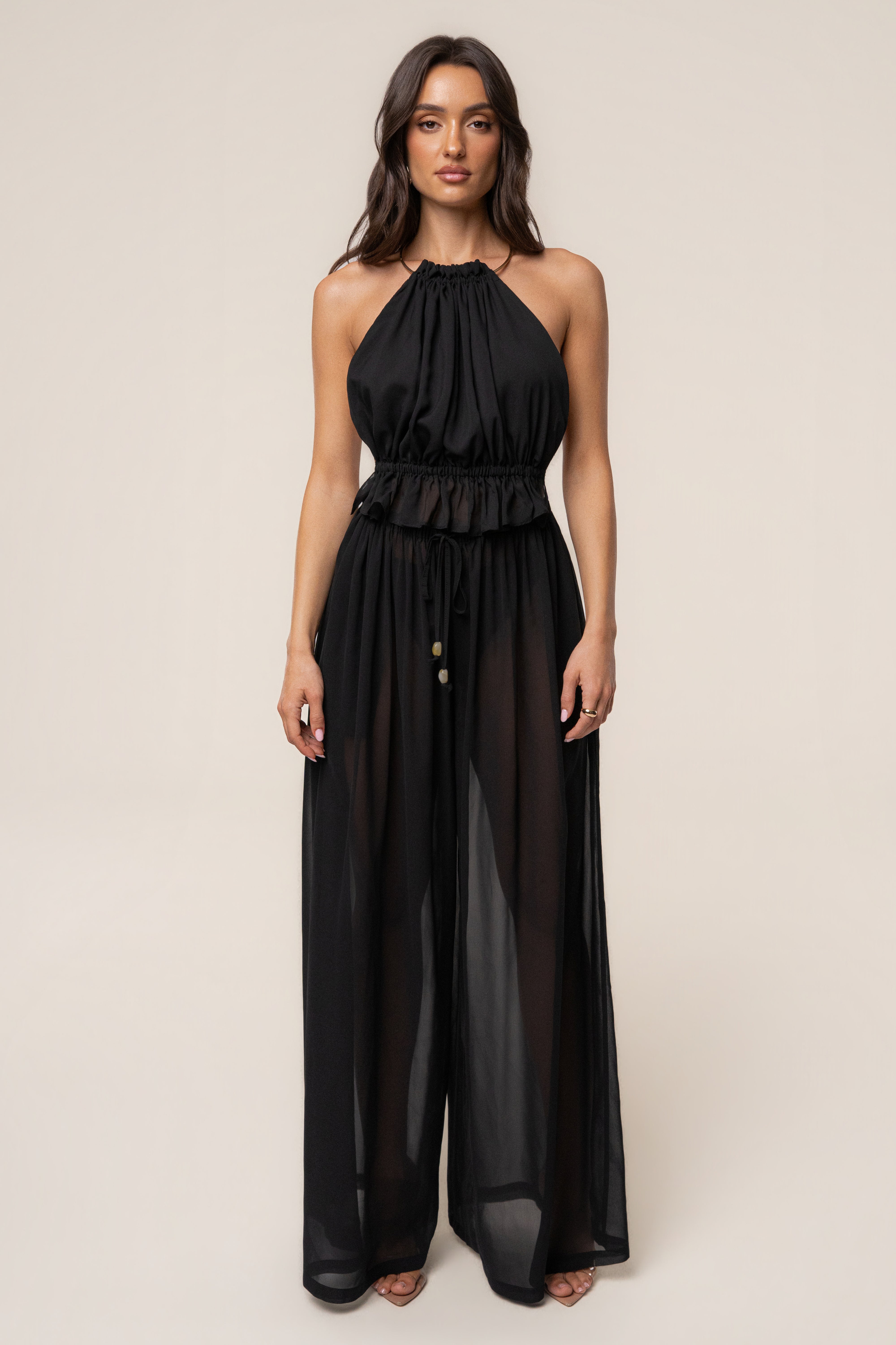 Black JLUXLABEL Resort Glow chiffon pant, stylish bottoms with flowy fabric and relaxed fit, perfect for casual and resort wear.