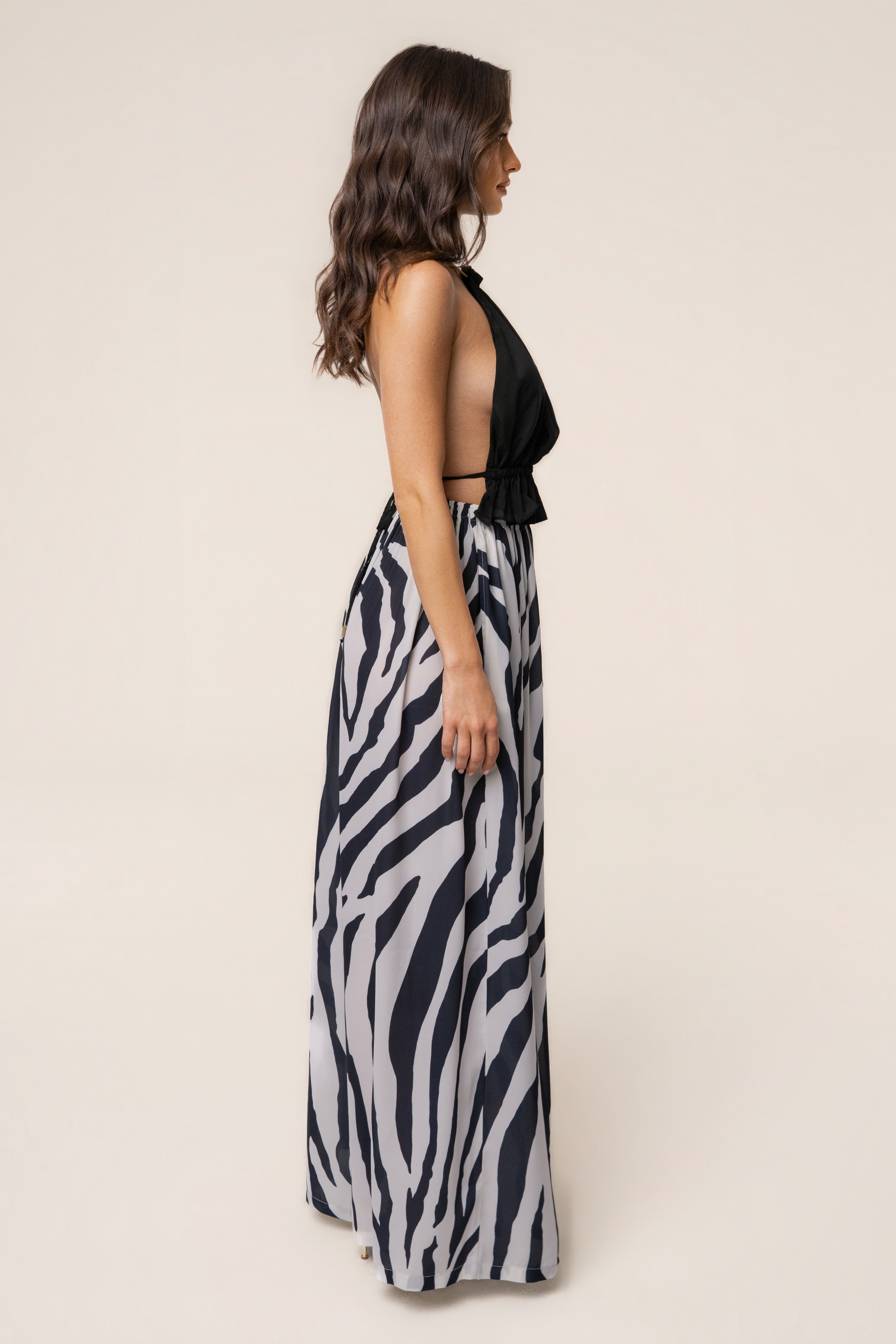 Navy zebra print chiffon pant from JLUXLABEL's resort glow collection, featuring flowy chiffon fabric and relaxed fit.