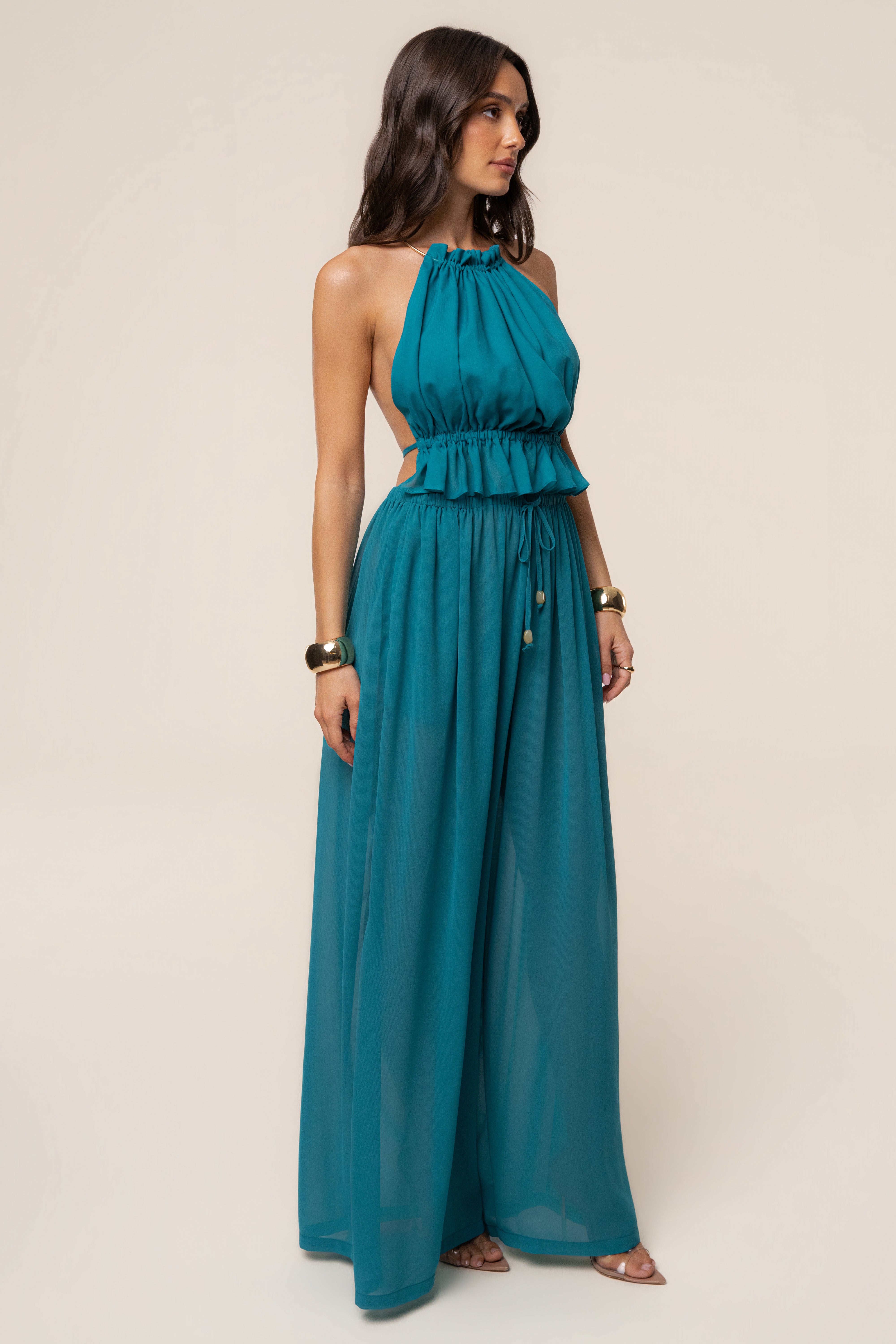 JLUXLABEL Aqua Resort Glow Chiffon Pant, flowy blue bottoms with a relaxed fit and lightweight fabric for a stylish summer look