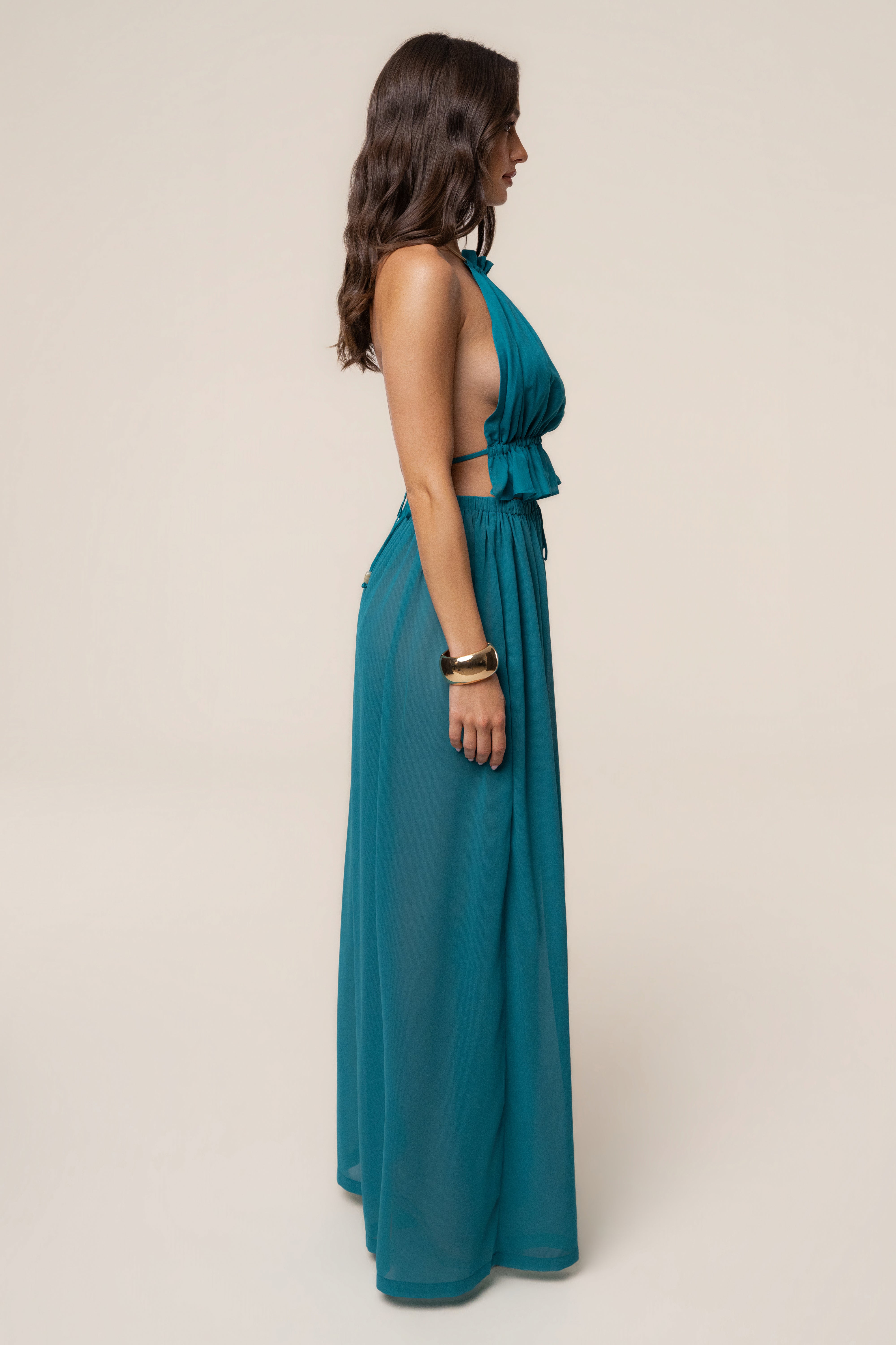 JLUXLABEL Aqua Resort Glow Chiffon Pant, stylish blue chiffon bottoms with relaxed fit and flowy design.