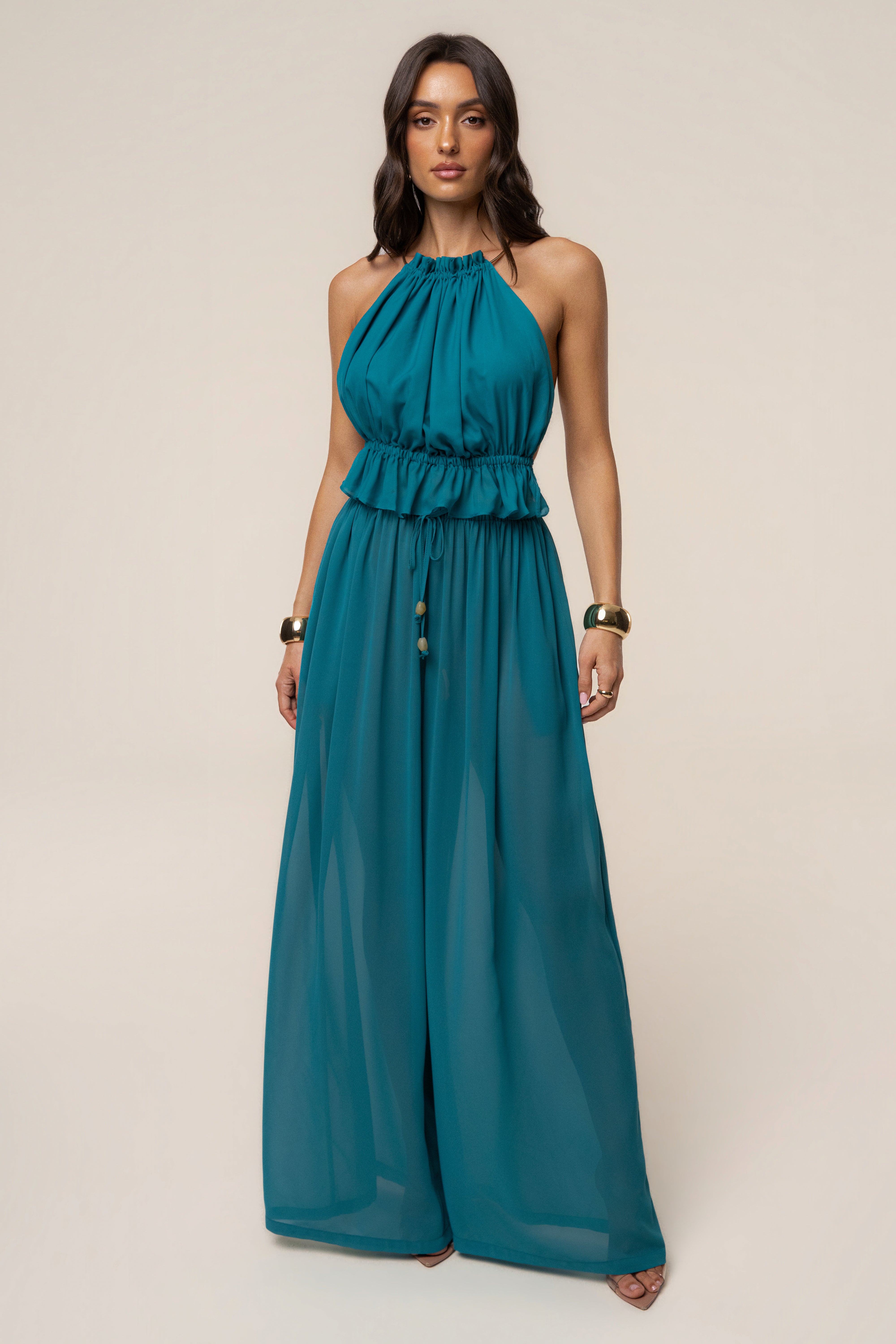 JLUXLABEL Aqua Resort Glow chiffon pant featuring lightweight, flowy fabric and relaxed fit, perfect for stylish beach or resort wear.