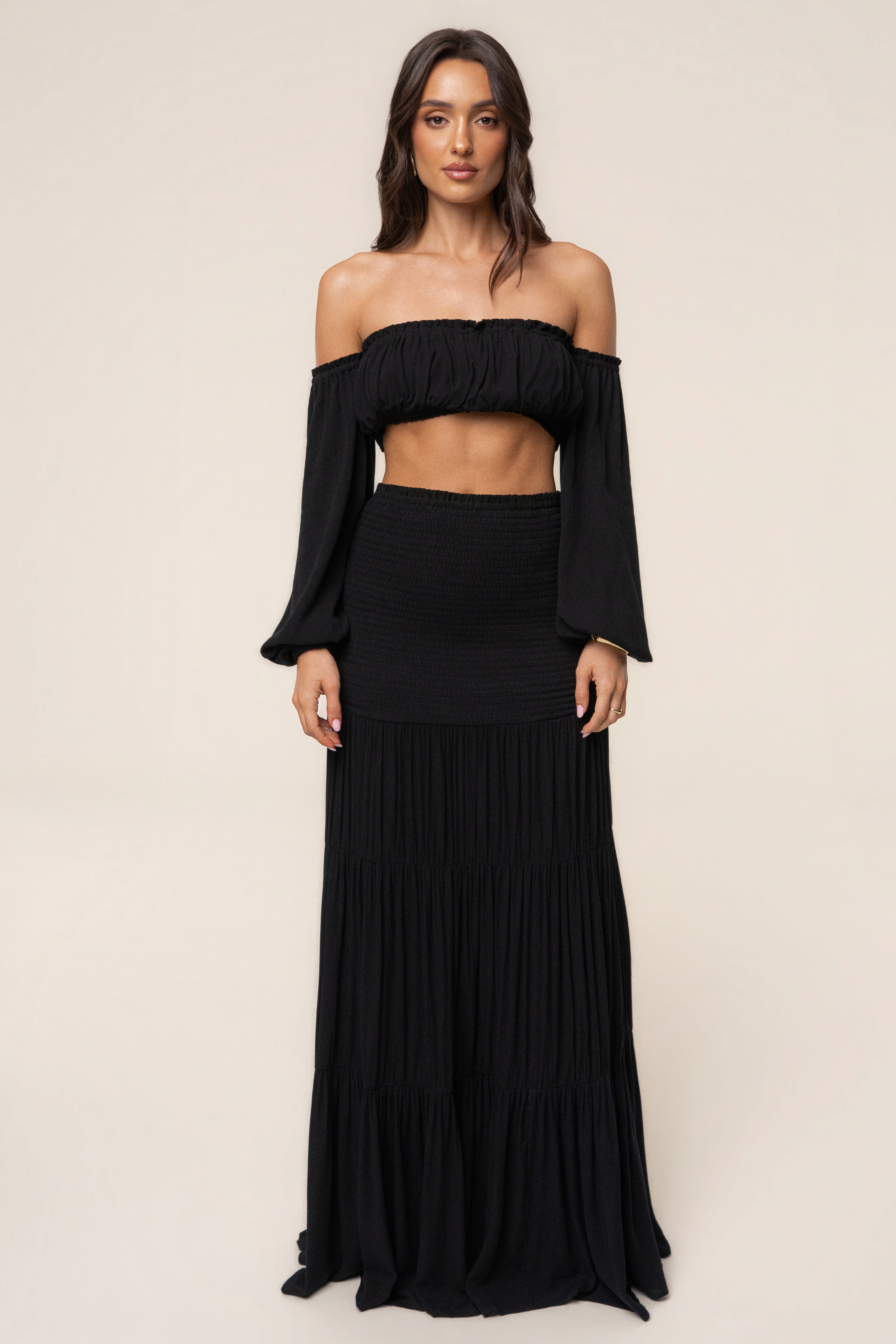 Black Solana skirt set by JLUXLABEL featuring a stylish skirt and matching top, perfect for casual or chic occasions.