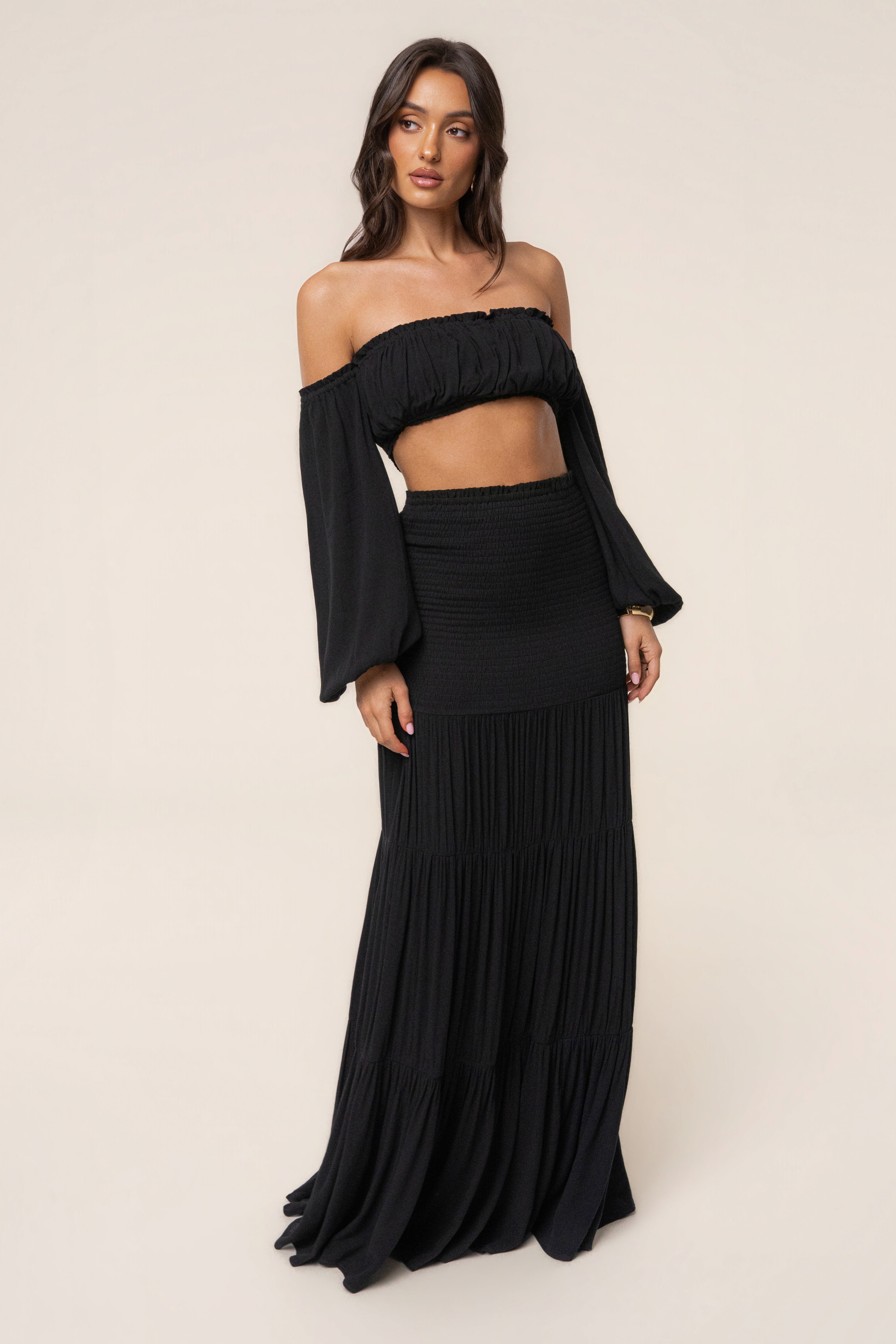 Black Solana skirt set by JLUXLABEL featuring a stylish matching top and skirt ensemble.