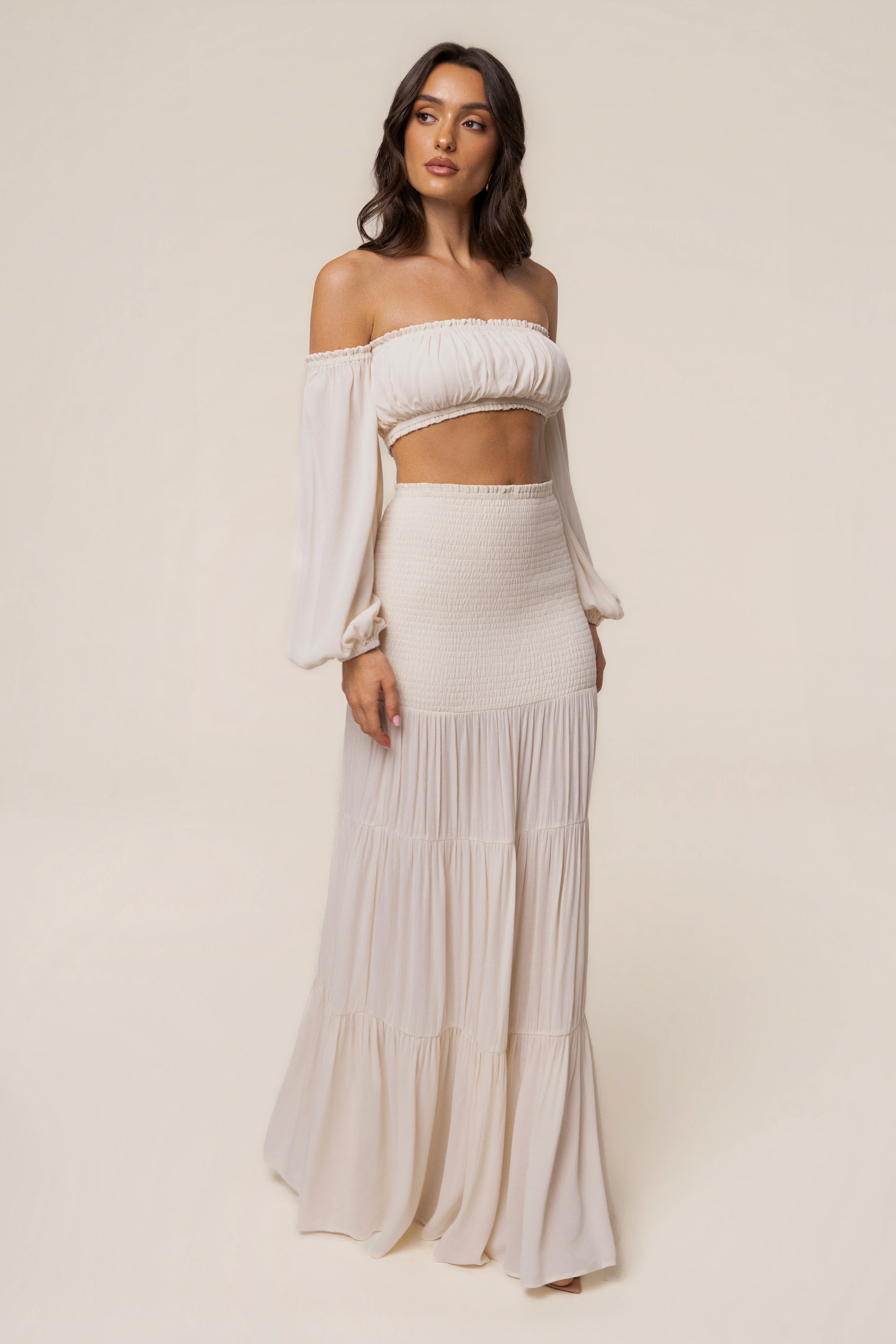 Ivory Solana skirt set by JLUXLABEL featuring a stylish matching top and skirt, perfect for chic casual or semi-formal wear.