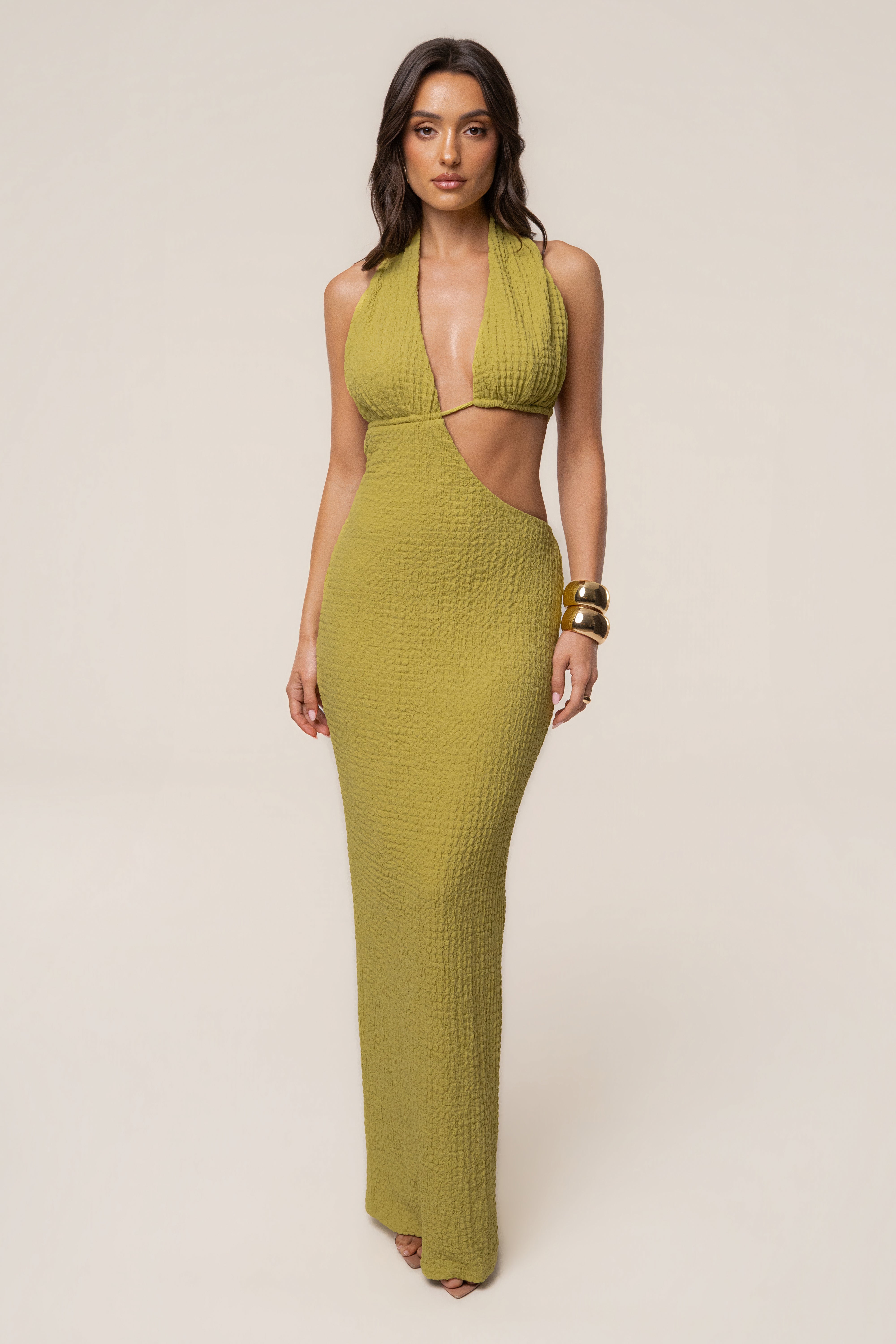 Lime-colored JLUXLABEL sculpted Ease maxi dress with fitted bodice and flowing skirt, perfect for summer occasions.