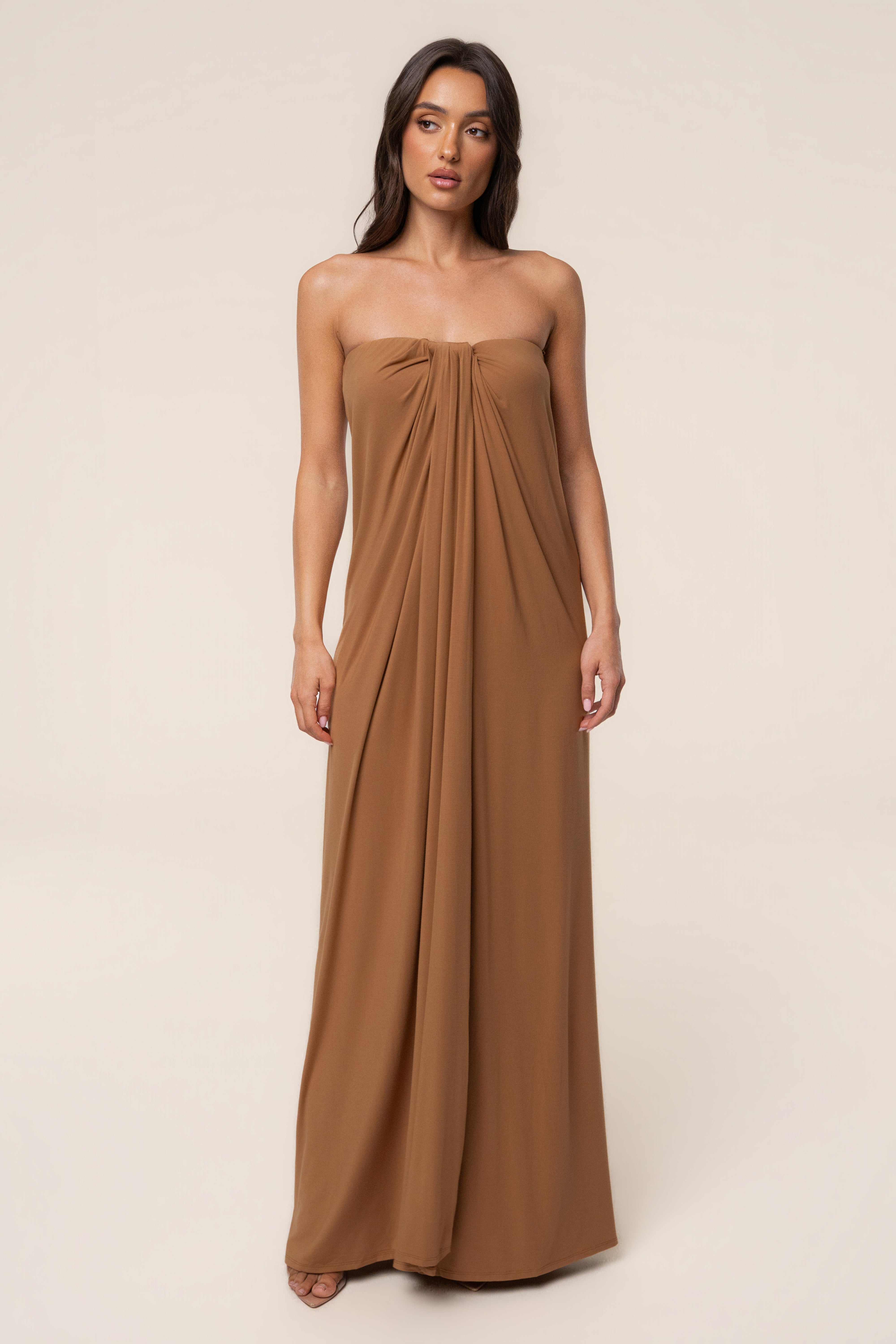Tan Heatwave strapless maxi dress by JLUXLABEL, flowing fabric, fitted bodice, and elegant length, perfect for summer occasions.