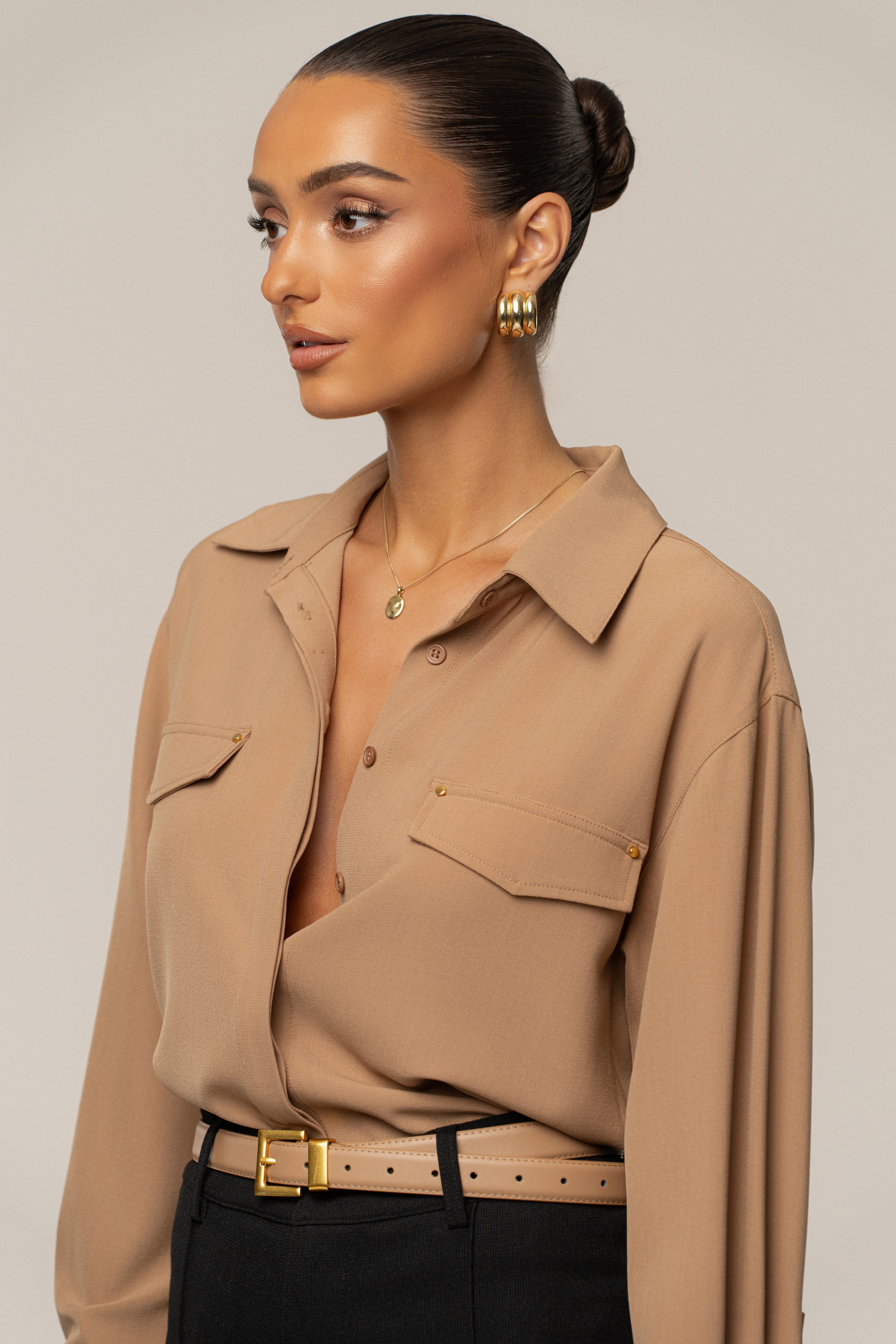 Tan Stella Button Up Shirt - JLUXLABEL