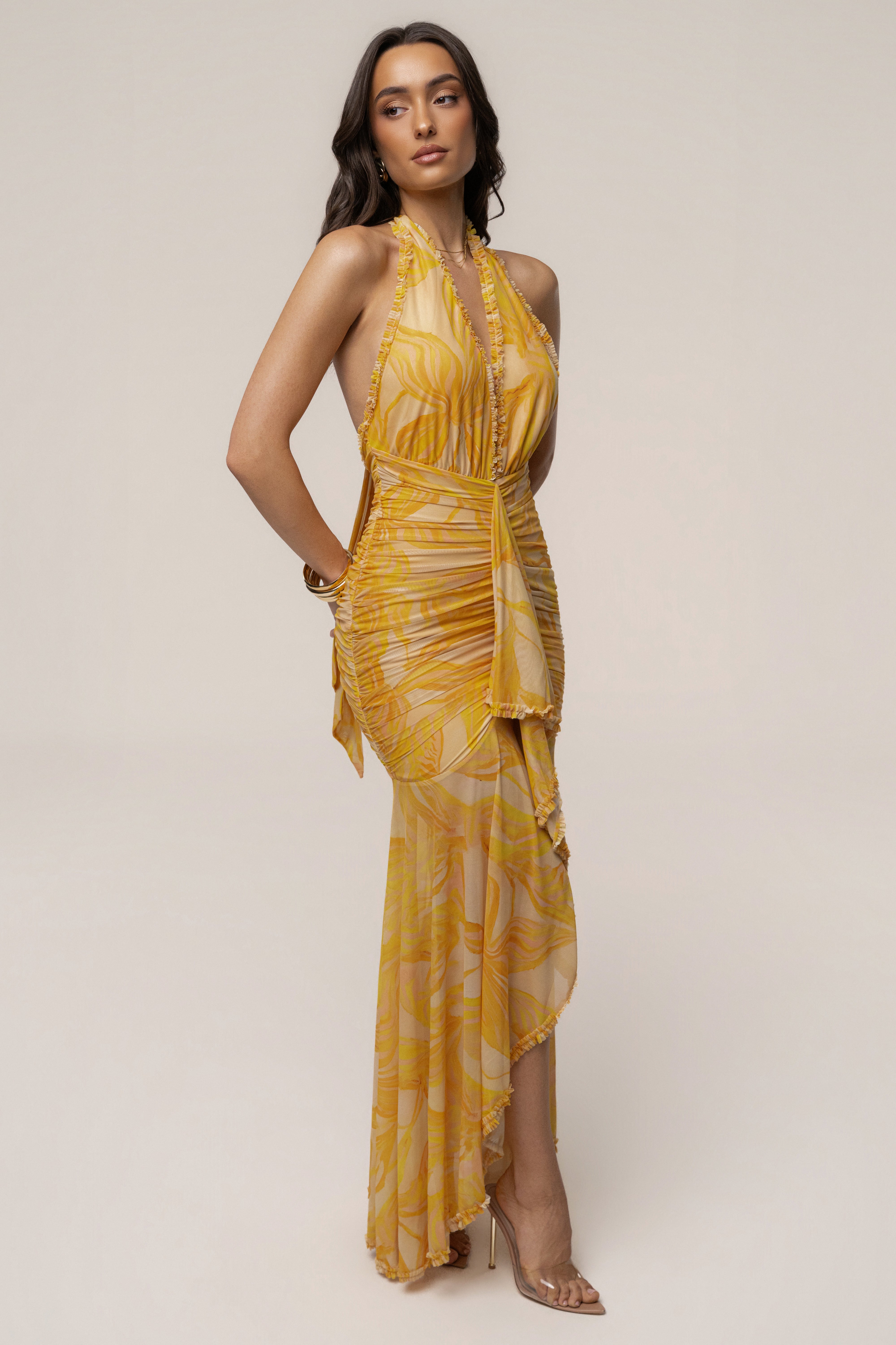 Yellow Paradise Glow Maxi Dress by JLUXLABEL, flowing sleeveless dress with a vibrant yellow color and elegant maxi length.