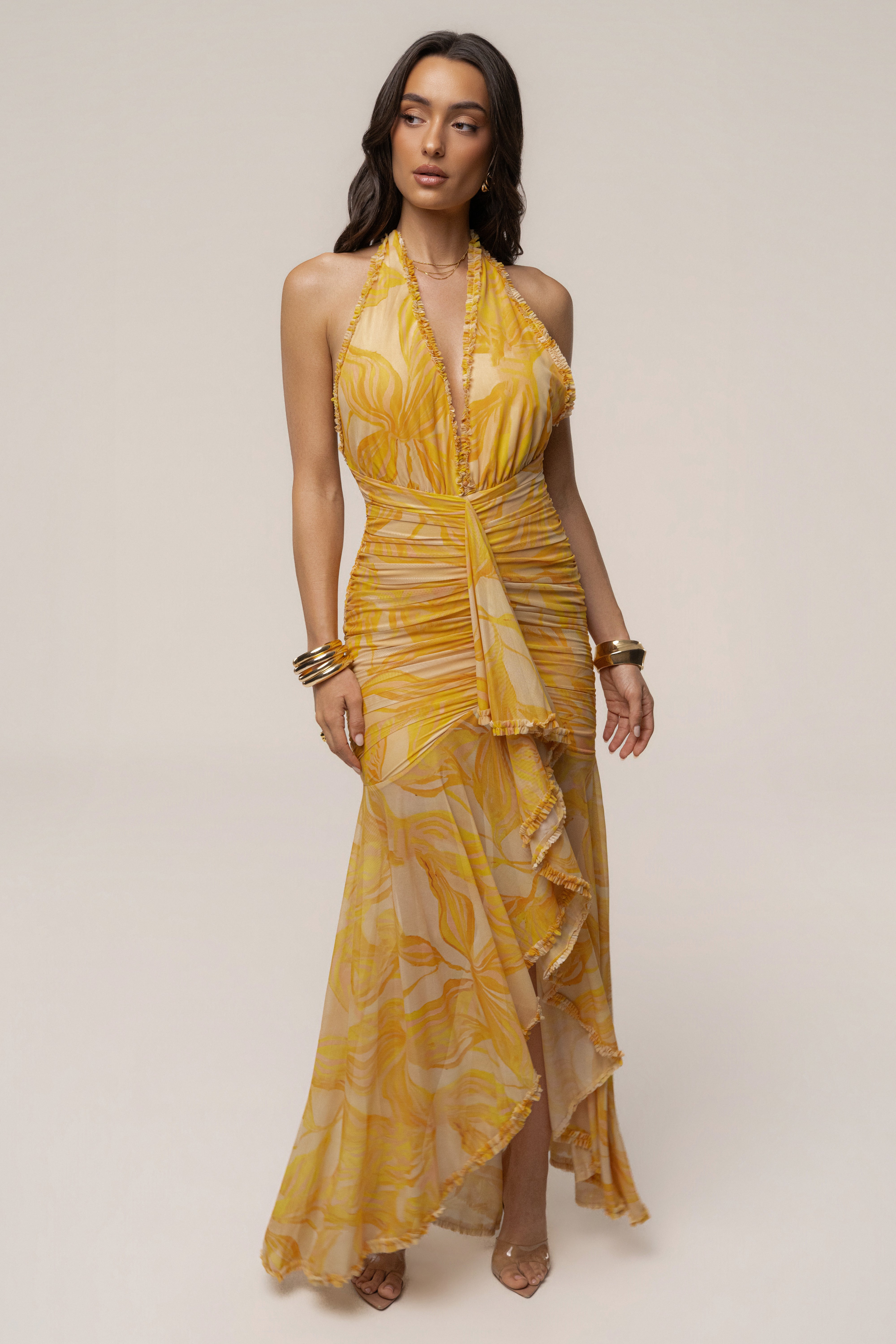 Yellow Paradise Glow maxi dress by JLUXLABEL featuring a flowing silhouette and vibrant color, perfect for summer occasions.